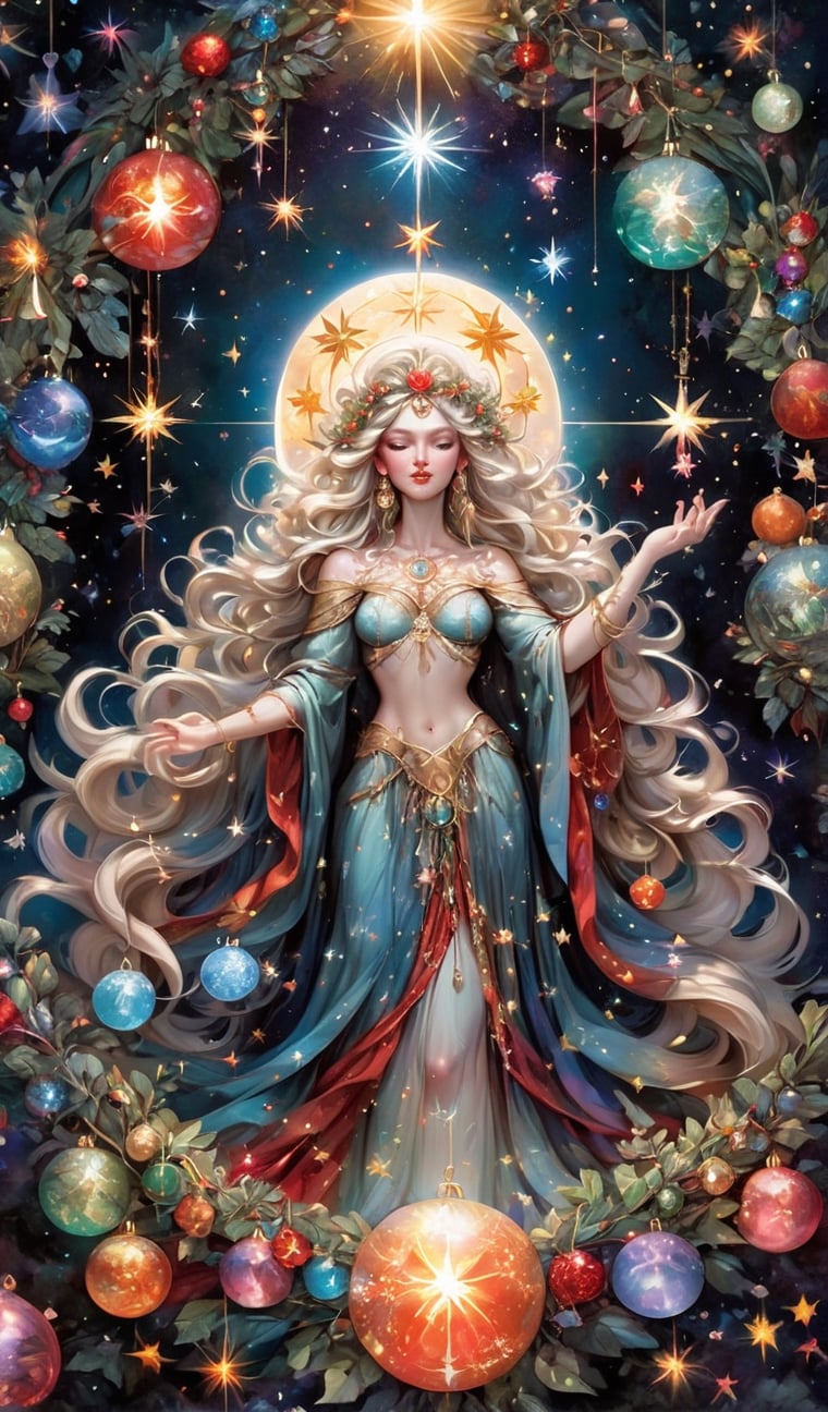 A mesmerizing and dreamlike illustration of a celestial christmas goddess surrounded by shimmering stars and cosmic energy. This artwork embodies grace and divinity, multicolor crystal christmas balls, glowing christmas lights, with intricate details and a celestial color palette. Perfect for spiritual and fantasy-themed wall art, book covers, and mystical merchandise. Illustrated by Daniel Merriam and Kinuko, cinematic movement, dynamic Y. Craft., sdsf