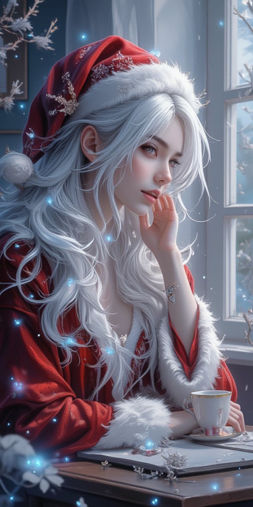 High quality composition of an enchanting woman, with her flowing white hair and silky skin emitting a celestial glow dressed as Santa Claus. She sits gracefully at her desk. The luminescent silver hair cascades gracefully as she enjoys a quiet moment with a cup of tea. A very subtle soft light bathes her skin. This art is inpired by Yukisakura and uses colorful strokes bringing out the magic and beauty she represents. Subtle tones help create a very charming Christmas background.