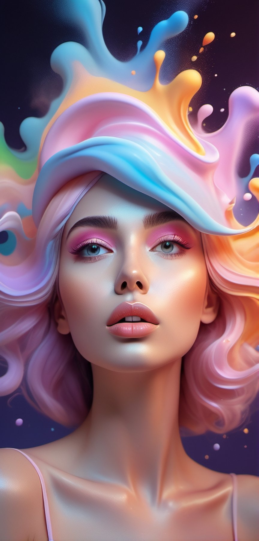 soft pastel colors, cartoon style illustration of a woman as she sees the world while experiencing hallucinations, stoned, splash art, splashed pastel colors, (soft iridiscent glowy smoke) motion effects, best quality, wallpaper art, UHD, centered image, ((flat colors)), (cel-shading style) very vibrant neon colors, ((low saturation)) ink lines, (holographic:1.4) pigments splash