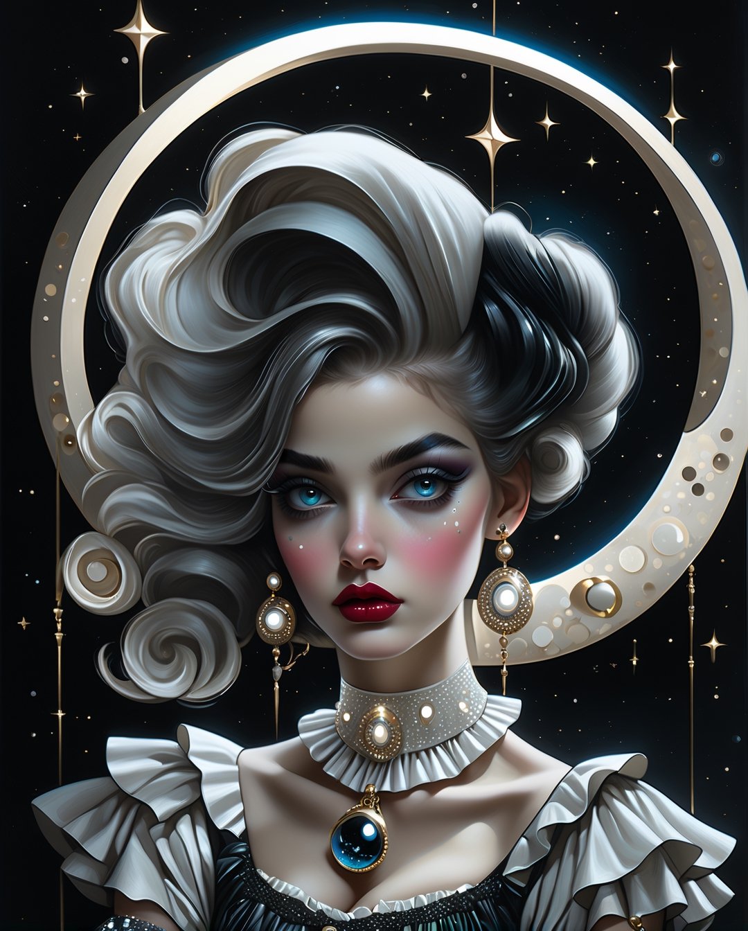 beautiful French girl Pierrot hanging a rose; sitting on a crescent moon, sweet and cinematic expression, dynamic poses, large white ruffle collar, french pierrot makeup and a single black teardrop drawn below the eye, hyperdetailed, mirano fujita style, 4K 64 megapixels 8K resolution HDR, shiny, Epic Masterpiece, scifi_futuristic_shroompunk glowing, gradient lipstick, thick eyebrows, moonlight, plump lips, acrylic, fantasy, detailed eyes, detailed fingers, realistic eyes, drawn pupils, white eyelashes, shine watercolor, detailed face, bright, bright eyes, jewelry, long hair, dancing glow, super-detailed face,more detail XL,niji5