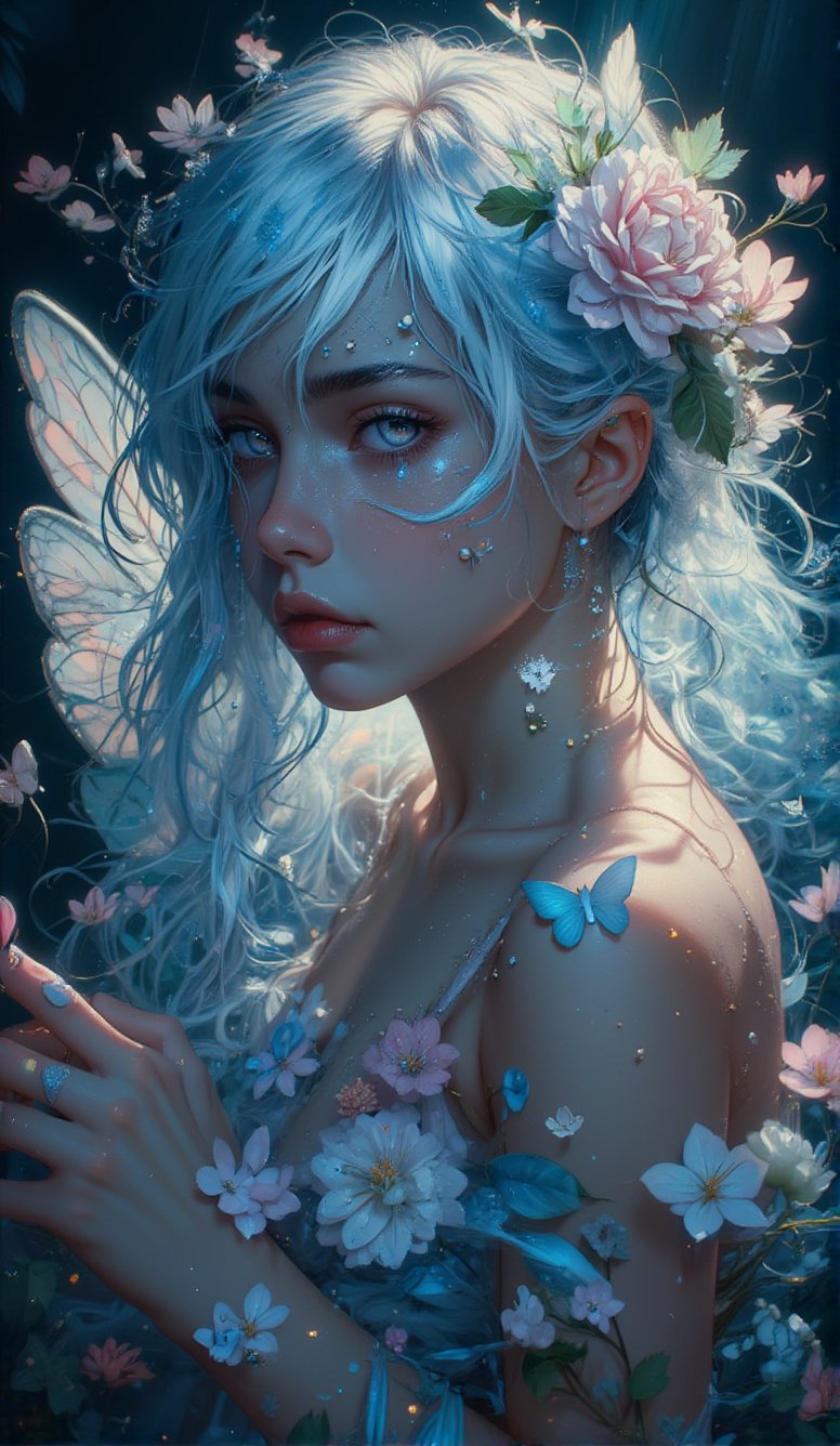 Young  fairy Flowergirl   dreaming pose covered by flowerrs mysterious aspect, many details, vintage , double exposure water drops, made of tiny dots  macrorealism surreal,  visible brushstrokes  extremely cute tiny chibi holographic pastel  soft blues    glowing transparent bioluminescen,  big detailed glowing eyes,  detailed face flowers, leaves,  fantasy ,  by [Anton Semenov | Carl Rungius | Ivan Rabuzin | Ed Emshwiller] cinematic, 32k,  sunbeams , ultra highly detailed, dynamic intricated pose,  luminous unusual delicate fog, highly detailed, intricated, intricated pose, oil painting, thick strokes, masterpiece, high quality, centered, perfect compositionDigital painting, Highly detailed, Concept art, Artstation, Intricate, Sharp Focus,  Surrealism, Surreal art, Surreal, Artwork by DasAbra 