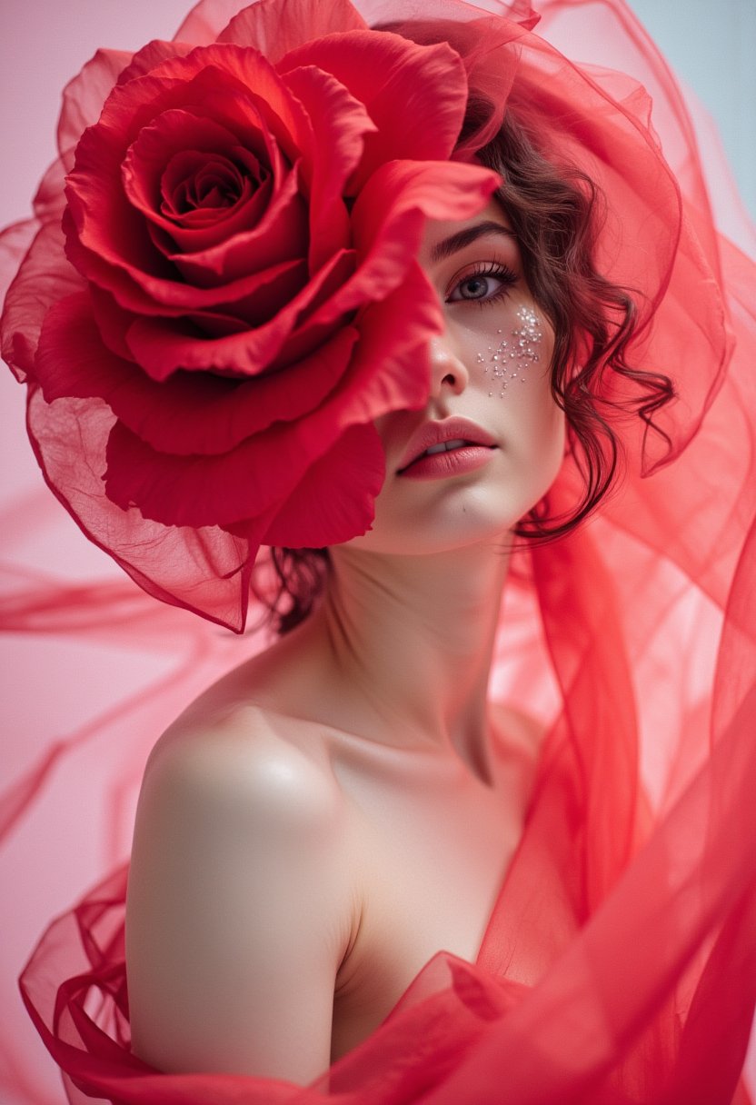 The image features a surreal and artistic composition of a woman whose face is partially obscured by a large, soft red rose. The petals of the rose delicately cover her sparkle eyes and part of her face, creating an ethereal and dreamlike effect. The woman is dressed in a flowing, translucent fabric that appears to be made of soft layers, echoing the delicate nature of the red rose petals. The background is softly blurred, with a gentle, light color red palette that complements the pink tones of the rose and the fabric. The overall mood is romantic and otherworldly, ar 9:16, style raw, stylize 250