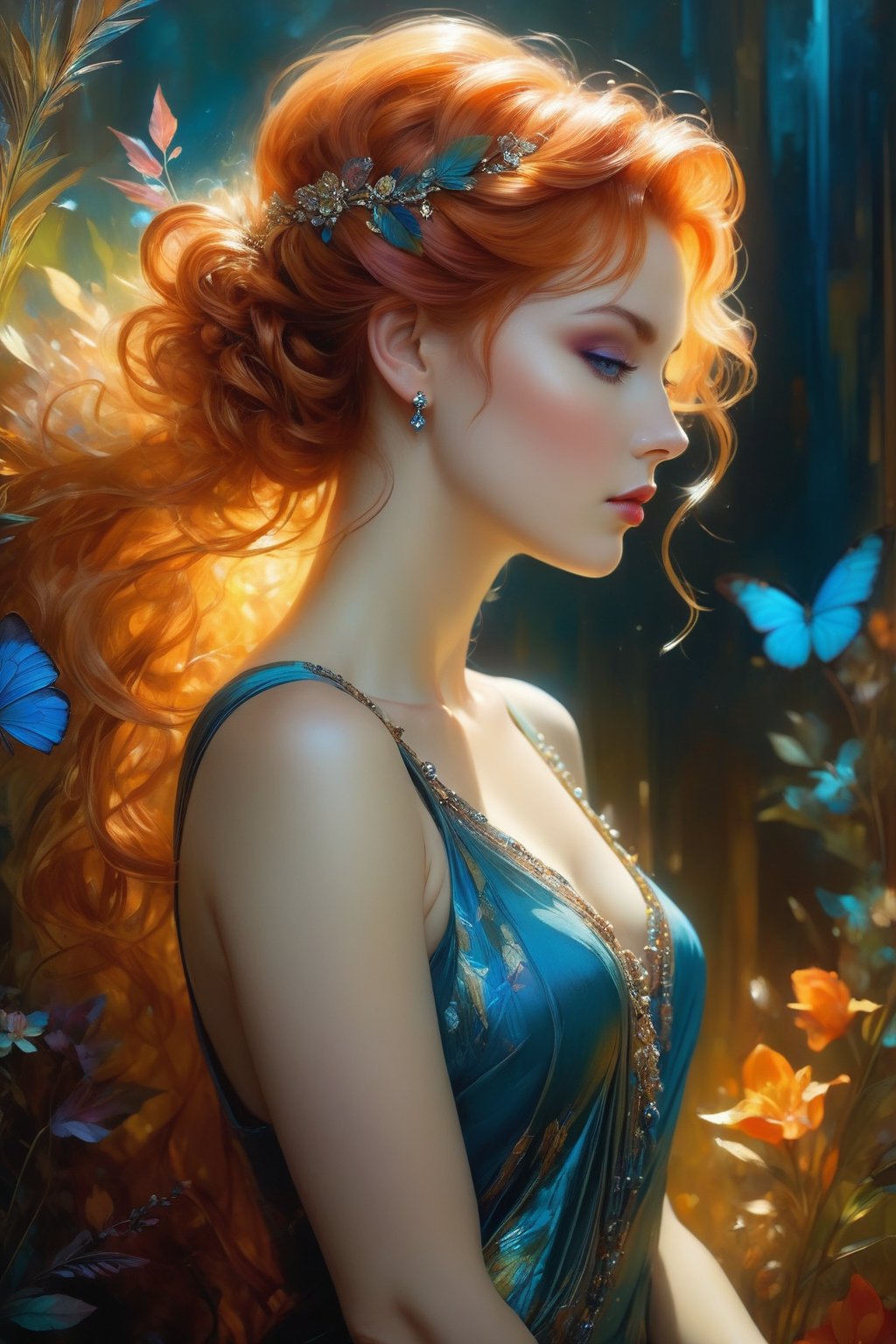 create me a hybrid being, Gorgeous, beautiful, multicolored hair, blue eyes, excentic, Ben Bauchau, Michael Garmash, Daniel F Gerhartz, Clint Cearley, Carne Griffiths, Jean Baptiste Monge, strybk style, warm dreamy lighting, matte background, volumetric lighting, pulp adventure style, fluid acrylic, dynamic gradients, bold color, illustration, highly detailed, simple, smooth and clean vector curves, vector art, smooth, johan grenier, character design, 3d shadowing, fanbox, cinematic, ornate motifs, elegant organic framing, hyperrealism, posterized, masterpiece collection, bright lush colors, TXAA, penumbra, alcohol paint, wet gouache, ultrarealistic, film grain, surreal, moody, ethereal fantasy, amazing depth, cinematic film still, sharp focus, (James Christensen),bohemian,Boho gypsy, Gustav Klimt, (Anne Bachelier:1.2), (Lillian Bassman, Erwin Blumenfeld),shabby chic,, 1920s retrofuturism, industrial, art deco, coherent, (Dieselpunk:1.3)