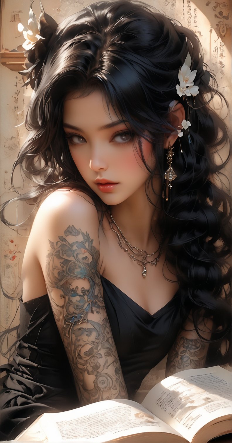 "(close up), ethereal, dark kawaii, resting chin on book, against a grunge off-white and jasmine background, triple exposure, perfect eyes, perfect finger, perfect body, japanese ink, immaculate composition, brian viveros, katsuya terada, esao andrews, anne stokes, complex pose, dynamic light and shadow, bold high quality"