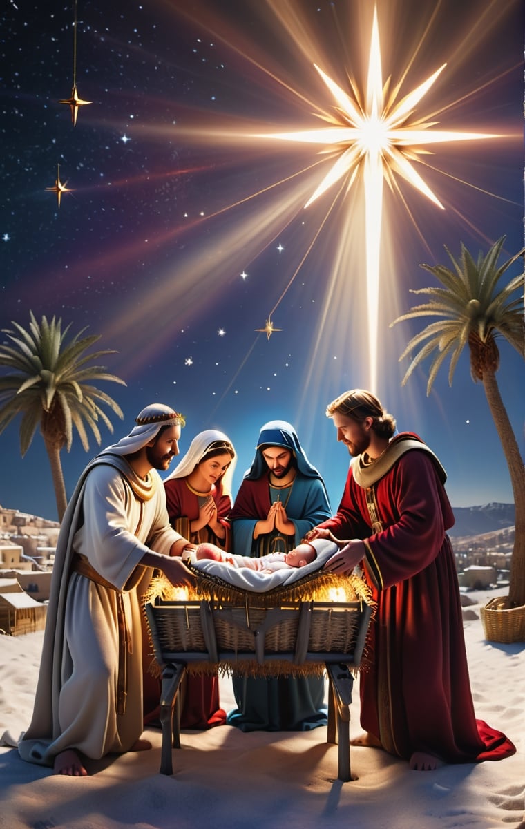 three wise men, giving gold, frankincense and myrrh to the baby Jesus in a straw crib, Star of Bethlehem, Jerusalem, stars in the night sky, beautiful, vibrant color scheme, multicolored, visual contrast, light rays, ethereal beams, godly, awe inspiring, cosmic, astronomical, transcendent, fantasy, magical, volumetric lighting, epic composition, dramatic lighting, golden ratio, cinematic composition, 8k, octane render, artstation