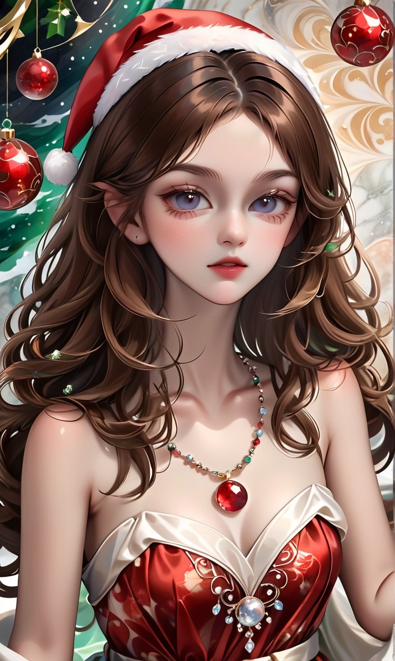 Full body portrait, 1 brown hair girl wearing a christmas satin dress, beautiful radiant and luminous eyes, small crystal necklace, Finely intricated magic circles, glass christmas balls, (Intricately carved marble background:1.8), windy, more detail XL, perfecteyes, dynamic pose, depth of field, solo, Surreal photography, ,crystalz, , sdsf