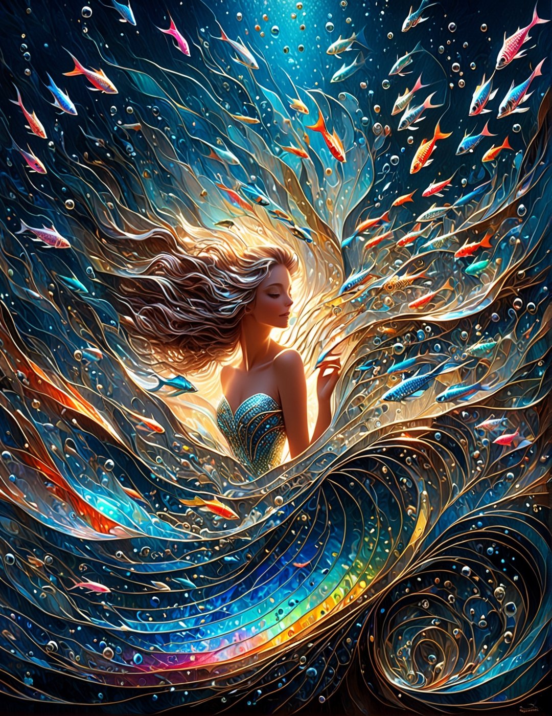 symphony, beautiful female enjoying music, playing with an exotic fish, ((Vibrant depictions of sound wawes)) waves forming music notes, colorful marine creatures, water bubbles, symphony, sweet expression, symphony of waves, sea melodies, surrounded  by waves forming intricate sonic patterns, wide angle, vivid colors, 8k, inspired by Michael Cheval, beautiful eyes, perfect hands, beautiful face + symmetrical face,  highly detailed, intricate complexity, juxtaposing, epic composition, magical atmosphere + masterpiece, perfect hands+five fingers hands, (intricate detail), (super detailed), 8k hdr, high detailed, soft cinematic lighting, atmospheric perspective,ray tracing, underwater world background,ray tracing, perfec teyes, 8K, Film Poster, Her iridescent scales shimmer with a pearlescent glow, perfecteyes, absurdity, Magical Fantasy style,d1p5comp_style