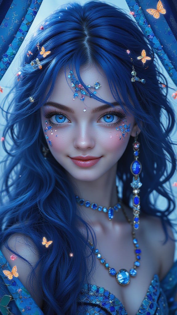 1girl, solo, long hair, looking at the audience, blue hair, hair accessories, blue eyes (three light spots with lights), jewelry, smile, earrings, moles, lips, eyelashes, makeup, bugs, curtains, gems, butterfly,portrait,blue lips,blue theme,Midjourney_Whisper,by adrr-zllj,landscape,Made of adrr-zllj