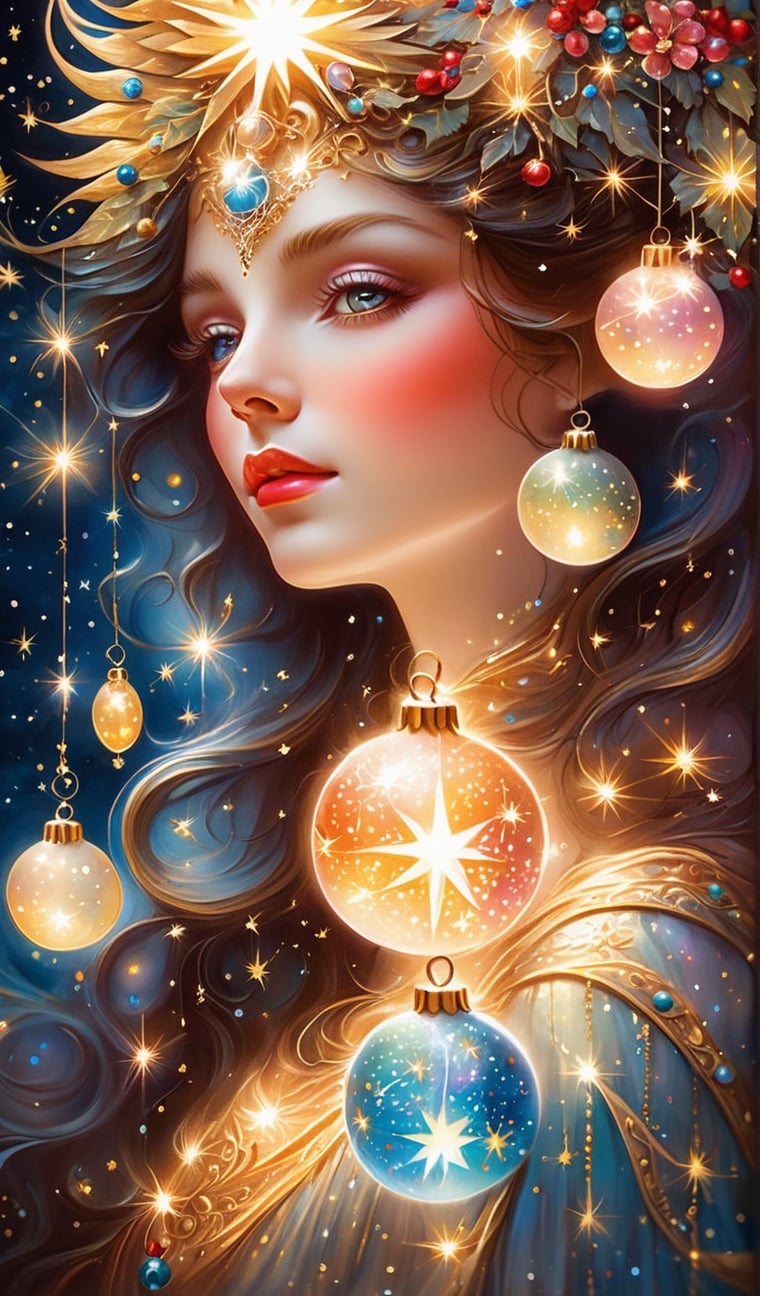 ultra close-up, A mesmerizing and dreamlike illustration of a celestial sweet christmas goddess surrounded by shimmering stars and cosmic energy, glass christmas balls hanging around, glowing christmas lights. This artwork embodies grace and divinity, with intricate details and a celestial color palette. Perfect for spiritual and fantasy-themed wall art, cinematic pose, dynamic. Illustrated by Daniel Merriam and Kinuko Y. Craft. side angle, sweet expression