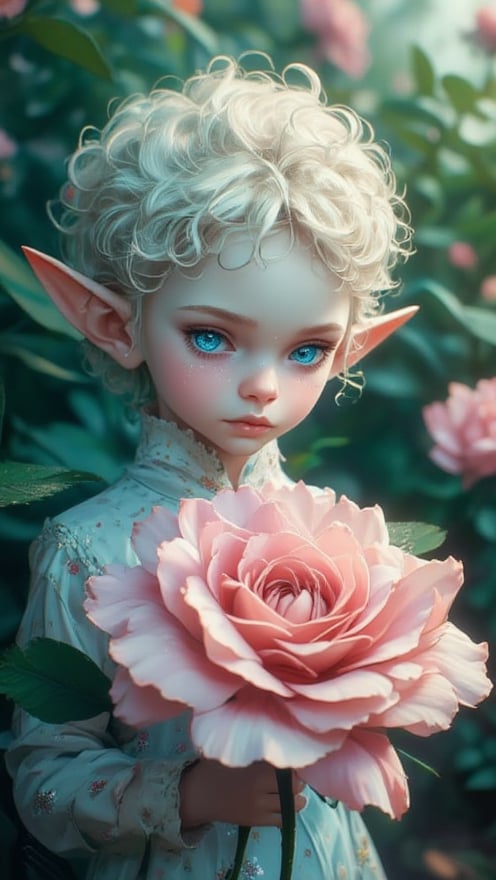 Digital painting of a small, elf-like figure with short curly light hair, expressive blue sparkle eyes, highlighted by shallow depth of field, distinct pointed ear, intense observation of a large pink flower, adorned in light-colored dotted garment harmonized with the blurred green foliage backdrop, mystically soft and diffused lighting, balanced exposure, vivid hues of light blue, pink, green, peach for a serene, eerie mood, vibrant colors, smooth image