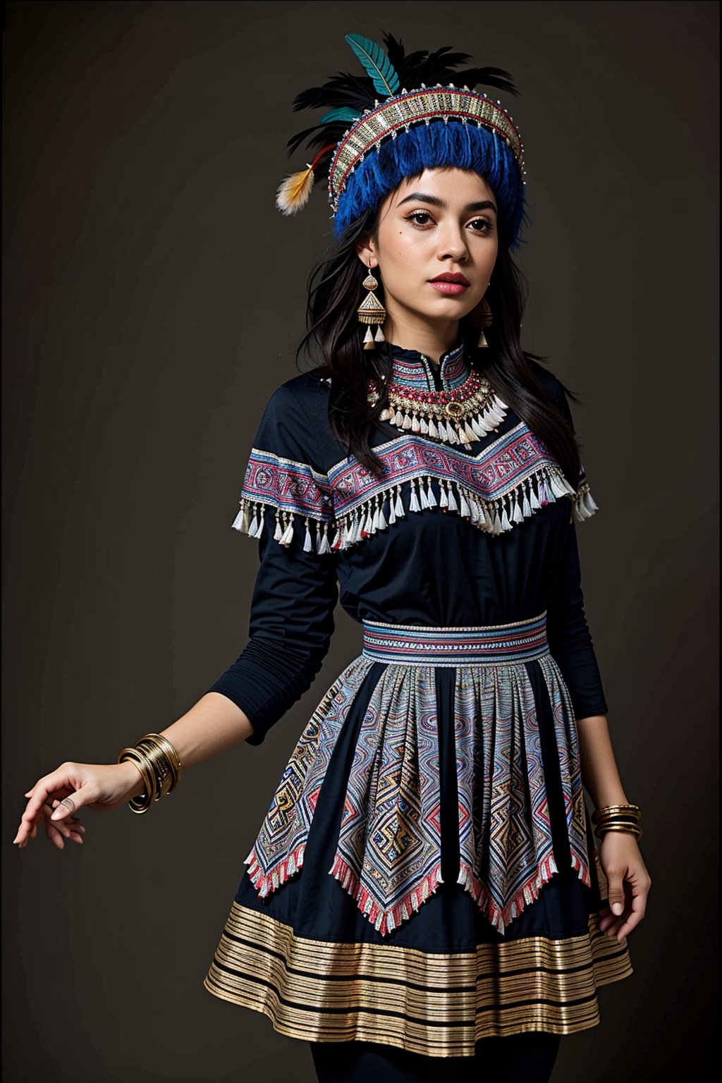 masterpiece, ultra high res, absurdres, fullbody dark-skinned inca princess, (multicolor feather headress),  dressed in (one-piece winter dress with a ethnic  pattern:1.2), dress without neckline and sleeves. She has medium-length, long black hair. She also wears big round earrings and gold bangles, sandals, gold jewelry sun representation, simple background, looking at viewer,dynamic pose, dutch angle, 