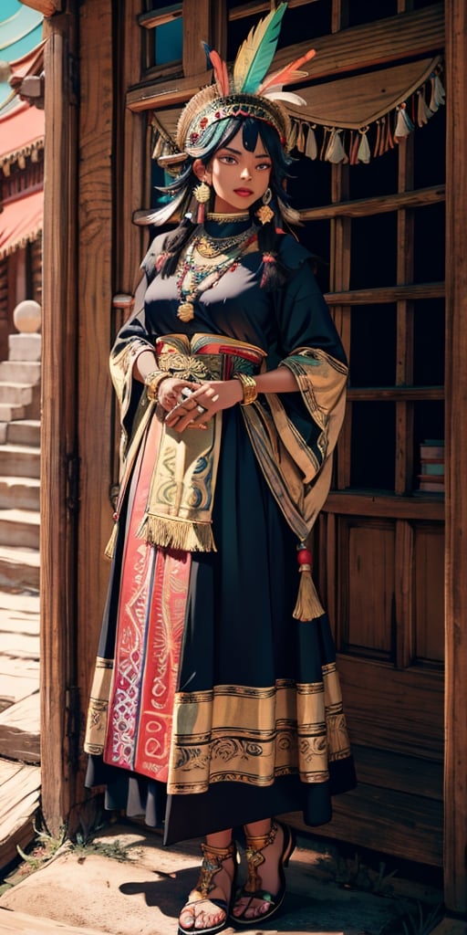 Tarot card with a frontal fullbody portrait of a dark-skinned Inca princess with a multicolored feather headdress | one-piece long winter dress | round gold earrings | gold bracelet | collarless dress | native | incredibly detailed | ornaments | high definition | conceptual art | digital art | vibrant,tibet,wearing wrenchpjbss,ohara koson,neon_nouveau