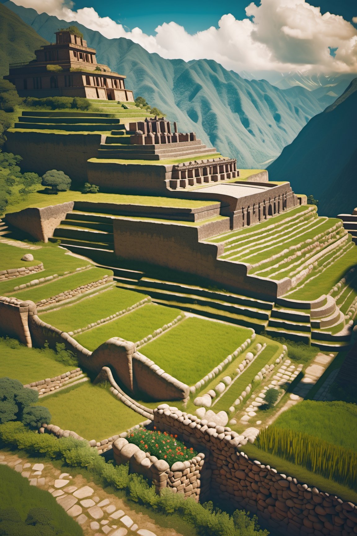 ((ancient peruvian stone city on a mountains)), inca architecture, native south america, corn farm fields on terraces, beautiful day, sunlight, beautiful sky and cloud, beautiful lighting, aesthetic lightening, reflection, 8k,mcrbe,James Gilleard,l0dbg,Roman Ships,Delfino_Plaza,IMGFIX,HellAI,mayamaze,bacsonvietnam