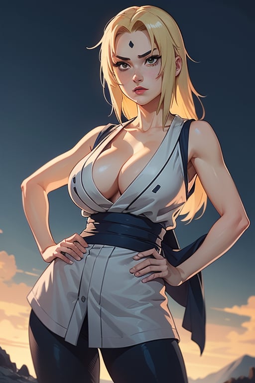 1girl, solo, ((Tsunade Senju)), long hair, breasts, looking at viewer, blonde hair, big breasts, cleavage, brown eyes, standing, outdoors, sleeveless kimono-style grey minidress, sky, day, blue pants, hand on hip, blue obi sash, facial mark, mature female, forehead mark, tsunade \(naruto\),tsunadedef, makeup, tsunade, blonde_hair, brown_eyes, slim fit body,Tsunade,(bioluminescence:1.2),retro artstyle