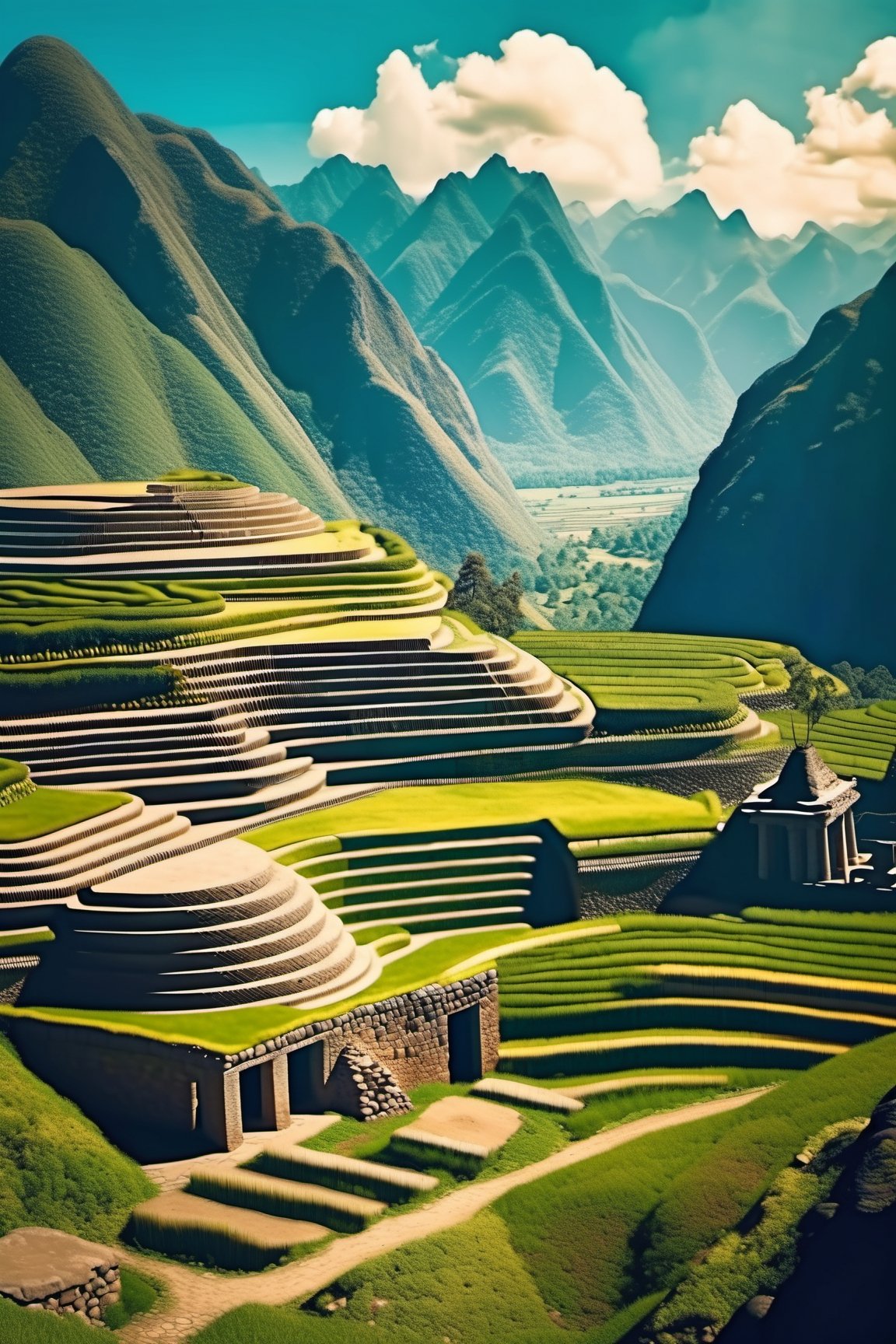 ((ancient peruvian stone city on a mountains)), inca architecture, native south america, corn farm fields on terraces, beautiful day, sunlight, beautiful sky and cloud, beautiful lighting, aesthetic lightening, reflection, 8k,mcrbe,James Gilleard,l0dbg,Roman Ships,Delfino_Plaza,IMGFIX,HellAI,mayamaze,bacsonvietnam