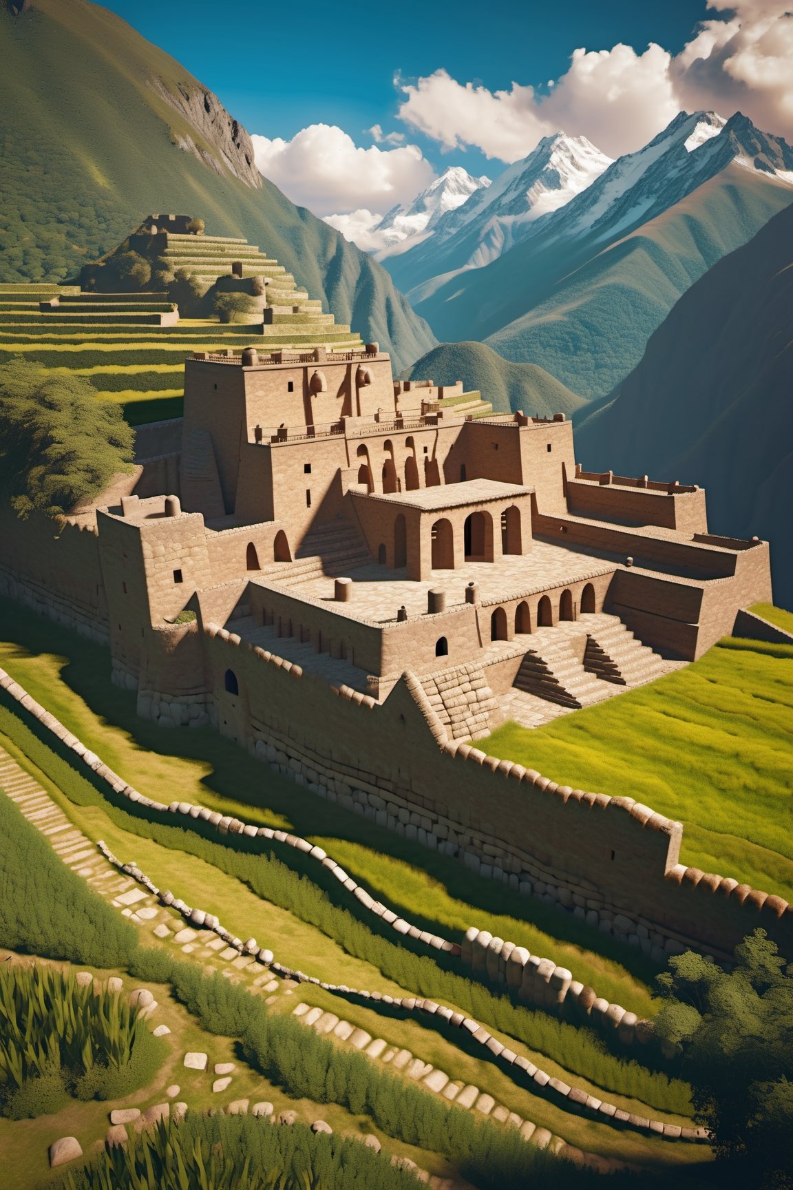 ((ancient peruvian stone fortress on a mountains)), inca architecture, native south america, corn farm field, terraces, beautiful day, sunlight, beautiful sky and cloud, beautiful lighting, aesthetic lightening, reflection, 8k,mcrbe,James Gilleard,l0dbg,Roman Ships,Delfino_Plaza,IMGFIX,HellAI