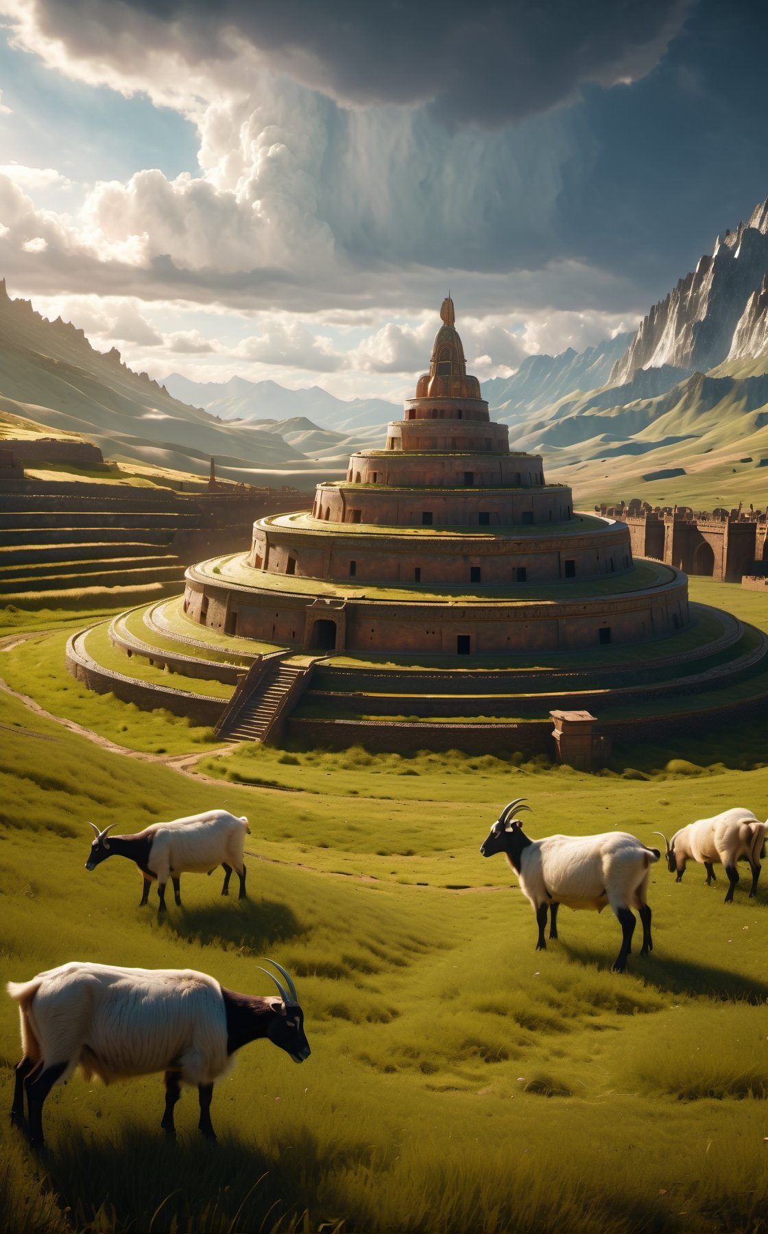 ((ancient peruvian fort)), inca warriors, goat, farm field, beautiful day, sunlight, beautiful sky and cloud, beautiful lighting, aesthetic lightening, reflection, 8k