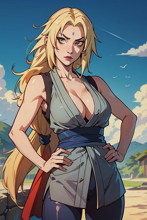 1girl, solo, ((Tsunade Senju)), long hair, breasts, looking at viewer, blonde hair, big breasts, cleavage, narrow waist, wide hips, slim fit body, brown eyes, standing, outdoors, sleeveless kimono-style grey minidress, sky, day, blue pants, hand on hip, blue obi sash, facial mark, mature female, forehead mark, tsunade \(naruto\),tsunadedef, makeup, tsunade, blonde_hair, brown_eyes, Tsunade, forehead_diamond