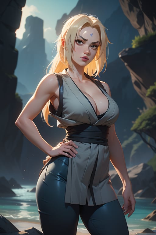 1girl, solo, ((Tsunade Senju)), long hair, breasts, looking at viewer, blonde hair, big breasts, cleavage, brown eyes, standing, outdoors, sleeveless kimono-style grey minidress, sky, day, blue pants, hand on hip, blue obi sash, facial mark, mature female, forehead mark, tsunade \(naruto\),tsunadedef, makeup, tsunade, blonde_hair, brown_eyes, slim fit body,Tsunade,(bioluminescence:1.2),retro artstyle,forehead_diamond