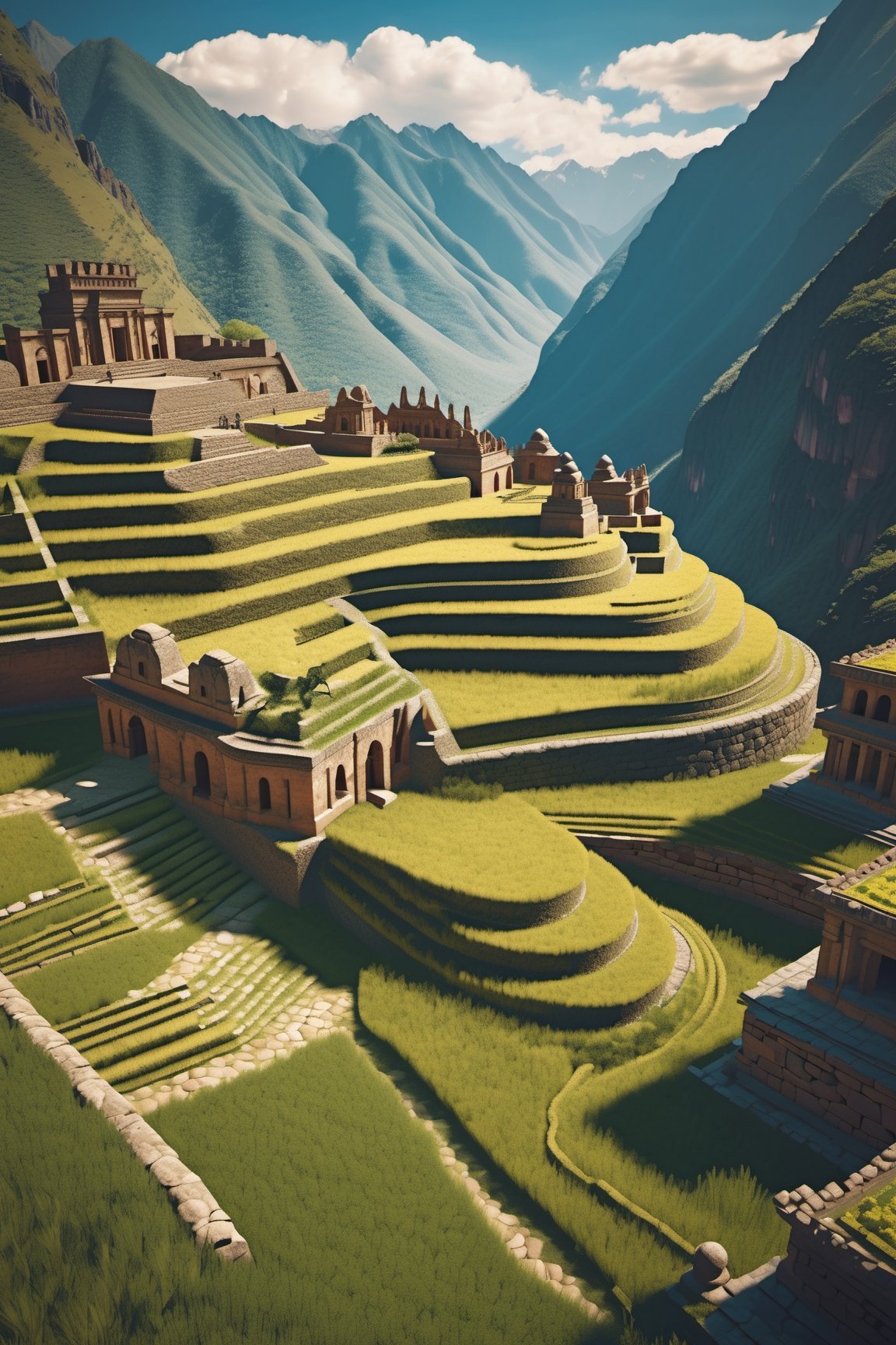 ((ancient peruvian stone city on a mountains)), inca architecture, native south america, corn farm fields on terraces, beautiful day, sunlight, beautiful sky and cloud, beautiful lighting, aesthetic lightening, reflection, 8k,mcrbe,James Gilleard,l0dbg,Roman Ships,Delfino_Plaza,IMGFIX,HellAI,mayamaze,bacsonvietnam