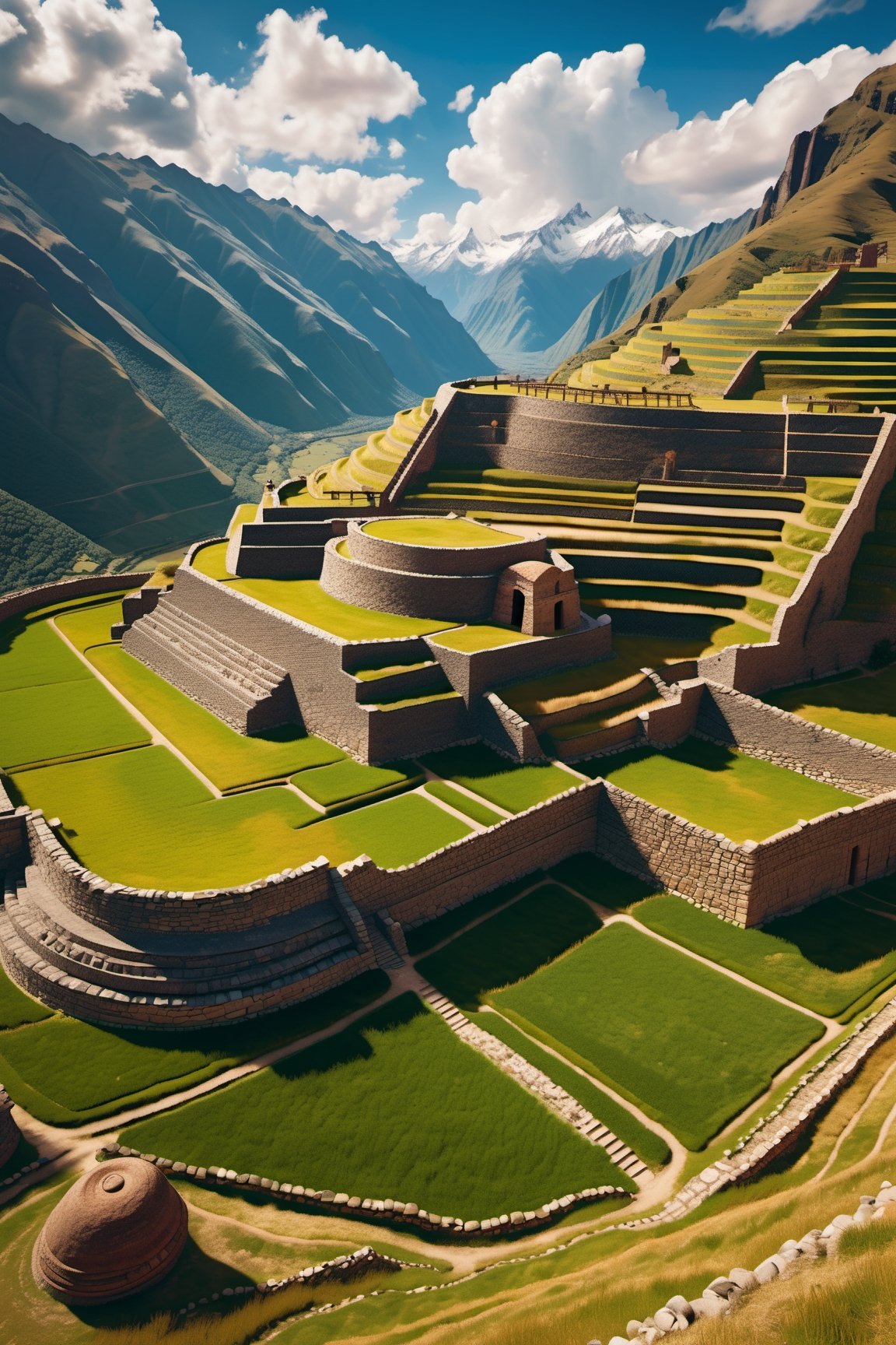 ((ancient peruvian stone fortress on a mountainside)), round walls, inca architecture, native south america, corn farm field, terraces, beautiful day, sunlight, beautiful sky and cloud, beautiful lighting, aesthetic lightening, reflection, 8k,mcrbe,James Gilleard,l0dbg,Roman Ships,Delfino_Plaza,IMGFIX