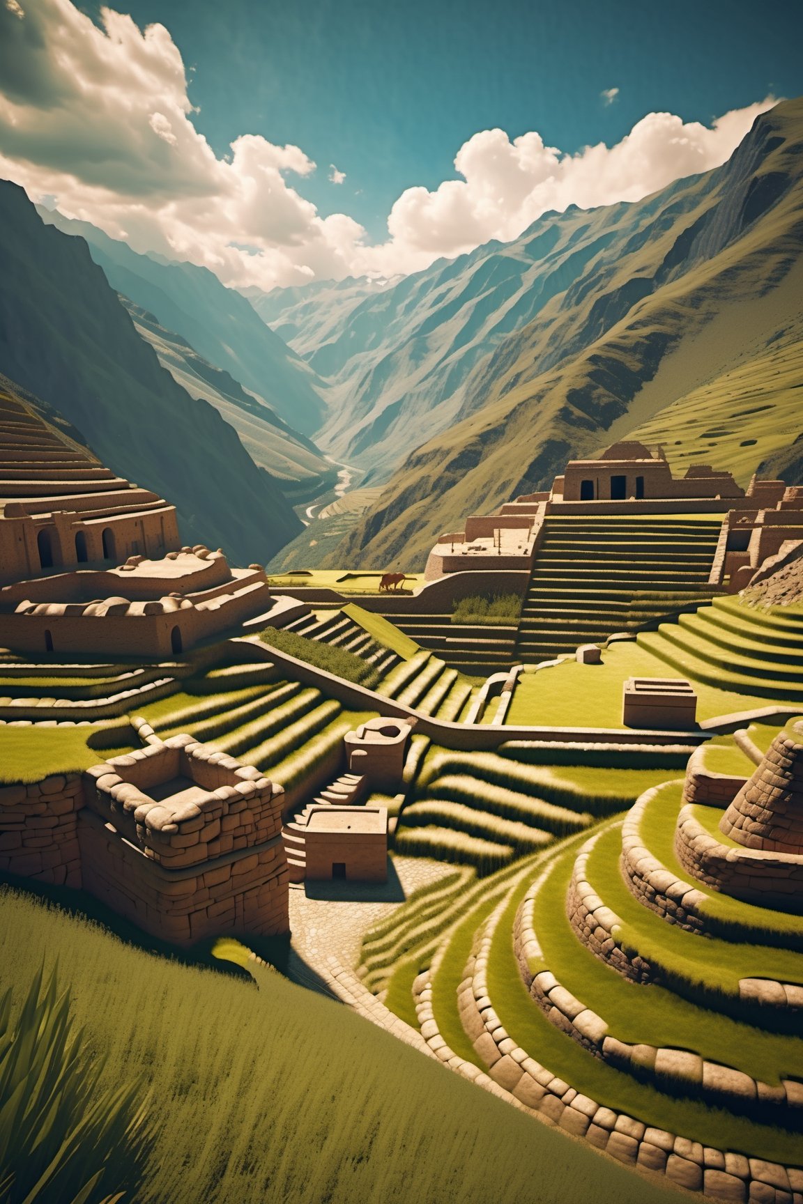 ((ancient peruvian stone city on a mountains)), inca architecture, native south america, corn farm field, terraces, beautiful day, sunlight, beautiful sky and cloud, beautiful lighting, aesthetic lightening, reflection, 8k,mcrbe,James Gilleard,l0dbg,Roman Ships,Delfino_Plaza,IMGFIX,HellAI