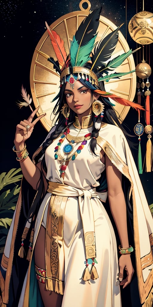 Tarot card with a frontal fullbody portrait of a dark-skinned Inca princess with a multicolored feather headdress | one-piece winter dress | gold earrings with representation of the sun | native | incredibly detailed | ornaments | high definition | conceptual art | digital art | vibrant,Gardenia_Portraits