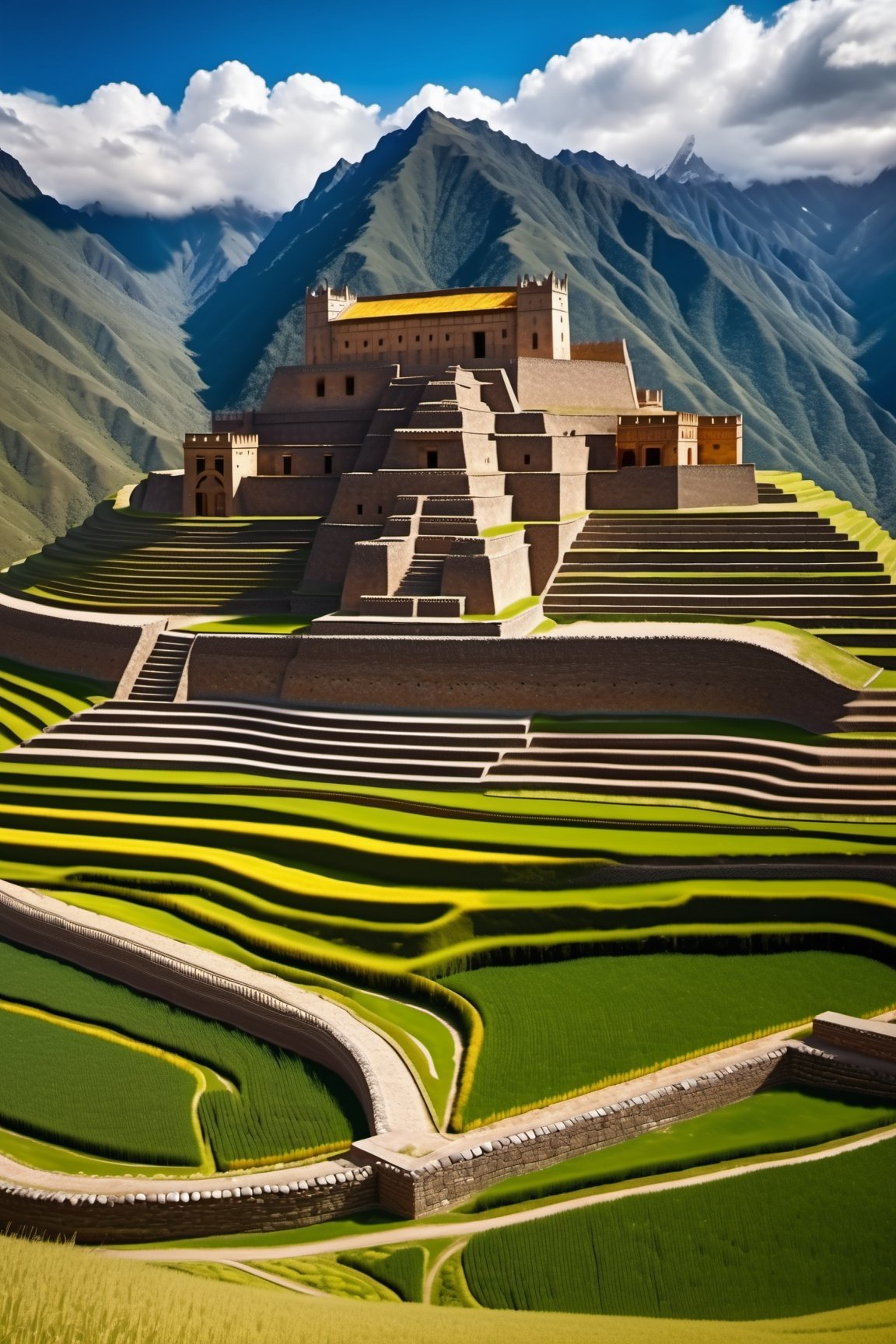 ((ancient peruvian stone fortress in the mountains)), inca architecture, native south america, corn farm field, terraces, beautiful day, sunlight, beautiful sky and cloud, beautiful lighting, aesthetic lightening, reflection, 8k