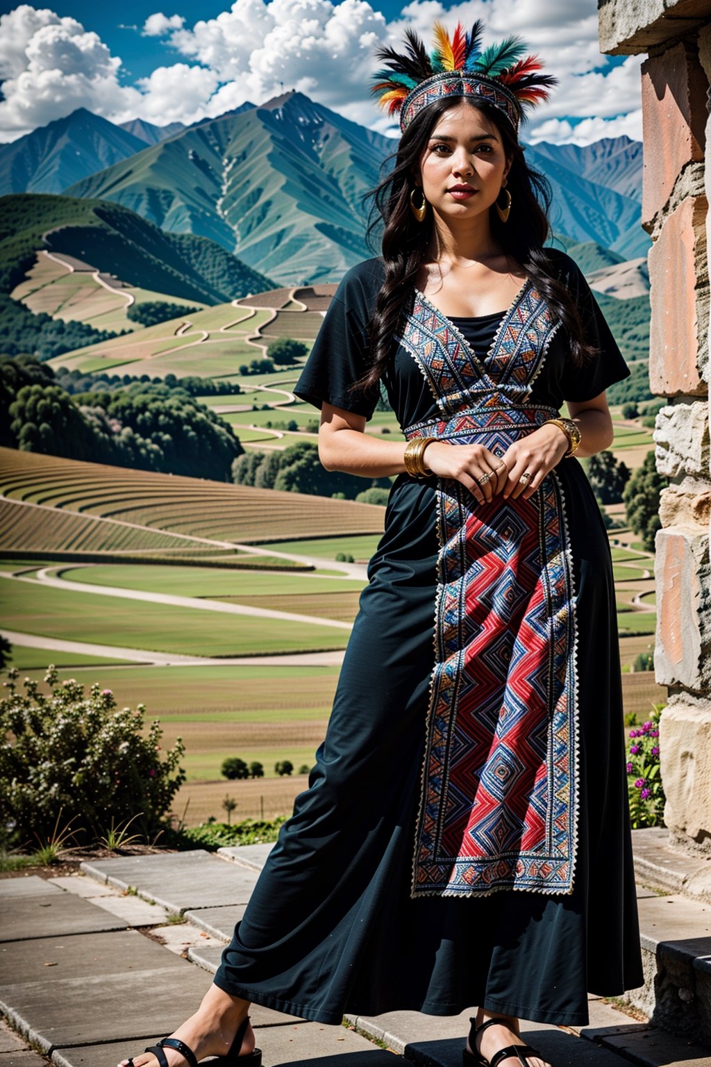 masterpiece, ultra high res, absurdres, fullbody dark-skinned inca princess, (multicolor feather headress),  dressed in (one-piece winter dress with a ethnic  pattern:1.2), dress without neckline and short sleeves. She has medium-length, long black hair. She also wears big round earrings and gold bangles, sandals, gold jewelry sun representation, looking at viewer,dynamic pose, dutch angle, andean mountains background,JoeMad,High detailed 