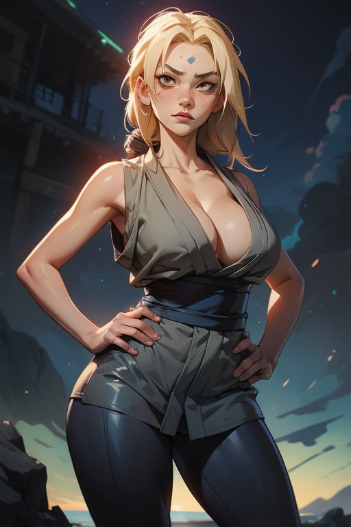 1girl, solo, ((Tsunade Senju)), long hair, breasts, looking at viewer, blonde hair, big breasts, cleavage, brown eyes, standing, outdoors, sleeveless kimono-style grey minidress, sky, day, blue pants, hand on hip, blue obi sash, facial mark, mature female, forehead mark, tsunade \(naruto\),tsunadedef, makeup, tsunade, blonde_hair, brown_eyes, slim fit body,Tsunade,(bioluminescence:1.2),retro artstyle