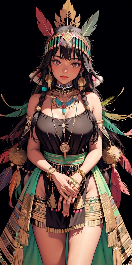 Tarot card with a frontal fullbody portrait of a dark-skinned Inca princess with a multicolored feather headdress | one-piece long winter dress | round gold earrings | gold bracelet | collarless dress | native | incredibly detailed | ornaments | high definition | conceptual art | digital art | vibrant,tibet,wearing wrenchpjbss,ohara koson,neon_nouveau,hanfulolita,gl4ss,nhatbinh