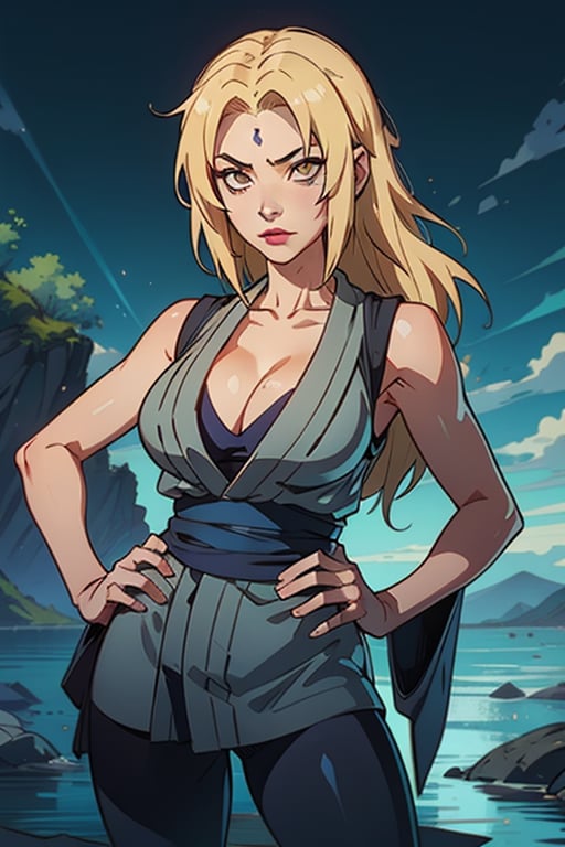 1girl, solo, ((Tsunade Senju)), long hair, breasts, looking at viewer, blonde hair, big breasts, cleavage, brown eyes, standing, outdoors, sleeveless kimono-style grey minidress, sky, day, blue pants, hand on hip, blue obi sash, facial mark, mature female, forehead mark, tsunade \(naruto\),tsunadedef, makeup, tsunade, blonde_hair, brown_eyes, slim fit body,Tsunade,(bioluminescence:1.2)