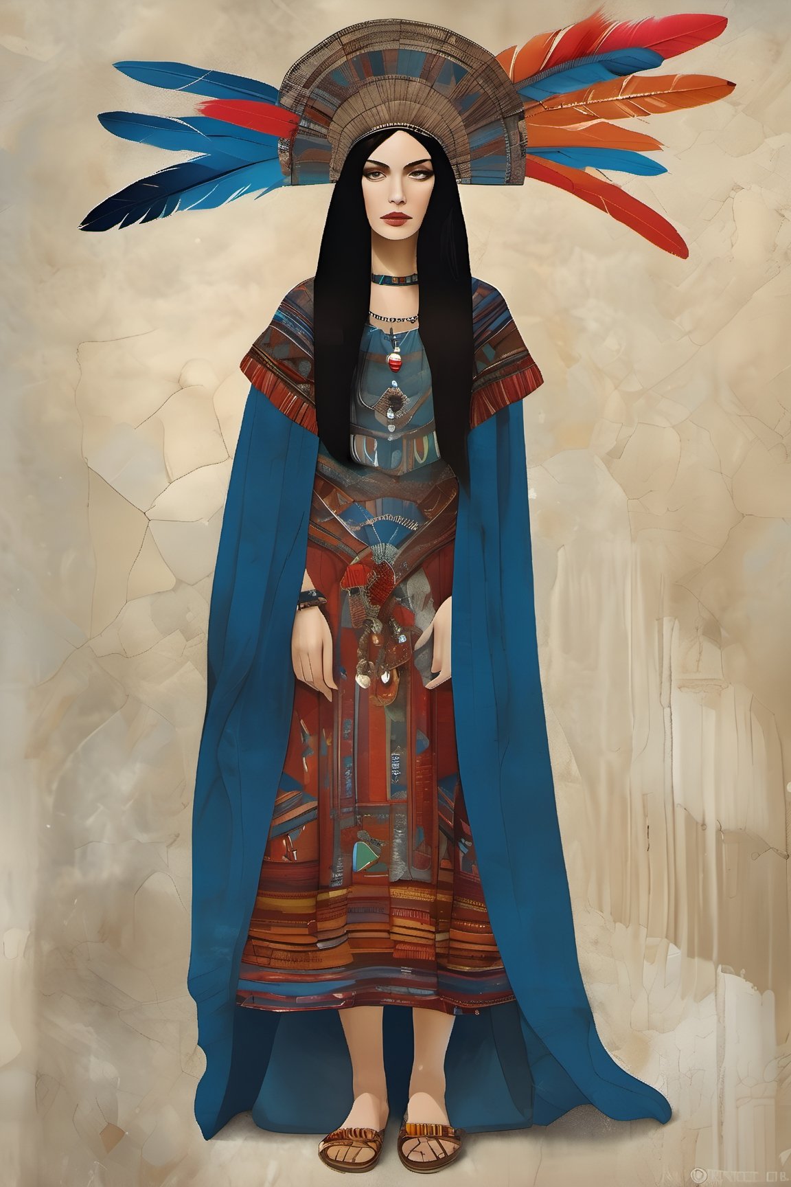 Neo Surrealism, overwhelmed by reason, by Gabriel Pacheco and Max Ernst, existential residues dark shines surrealism, blue, light gray and red color scheme, (dark-skinned girl),  (multicolor feather headress),  dressed in (one-piece winter long dress with a ethnic  pattern:1.5),  inca princess,  native peruvian,  dress without neckline and short sleeves. She has medium-length,  long black hair. She also wears big round earrings and gold bangles,  sandals,  gold jewelry sun representation, magical realism bizarre art, pop surrealism, like Alice in wonderland, whimsical art.,Flat vector art