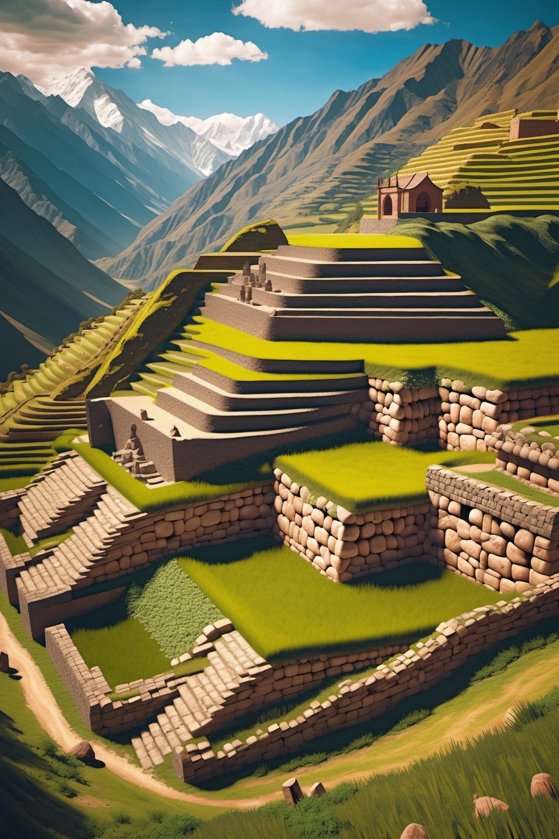 ((ancient peruvian stone city on a mountains)), inca architecture, native south america, corn farm fields on terraces, beautiful day, sunlight, beautiful sky and cloud, beautiful lighting, aesthetic lightening, reflection, 8k,mcrbe,James Gilleard,l0dbg,Roman Ships,Delfino_Plaza,IMGFIX,HellAI,mayamaze