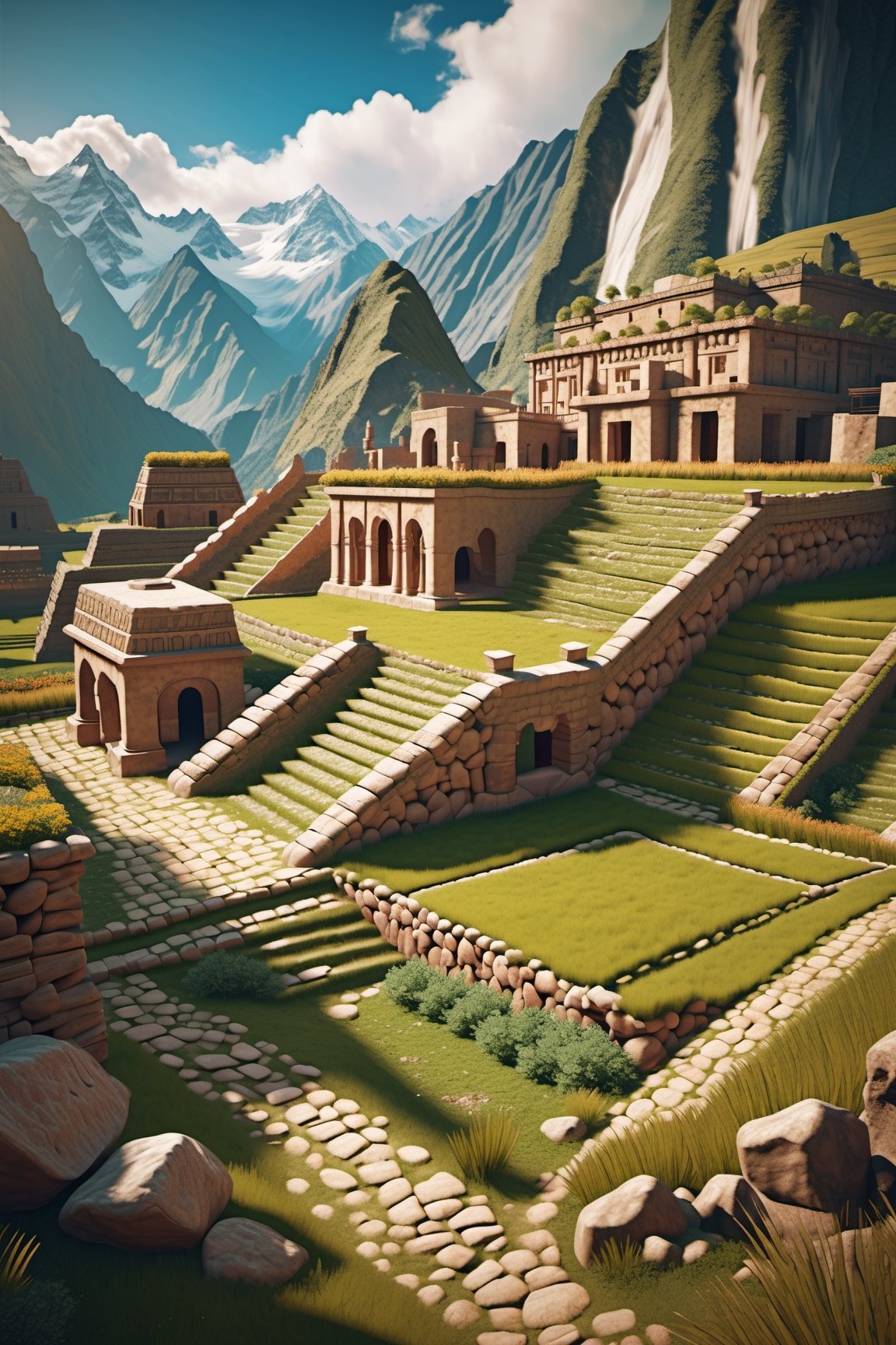 ((ancient peruvian stone city on a mountains)), inca architecture, native south america, corn farm fields on terraces, beautiful day, sunlight, beautiful sky and cloud, beautiful lighting, aesthetic lightening, reflection, 8k,mcrbe,James Gilleard,l0dbg,Roman Ships,Delfino_Plaza,IMGFIX,HellAI,mayamaze