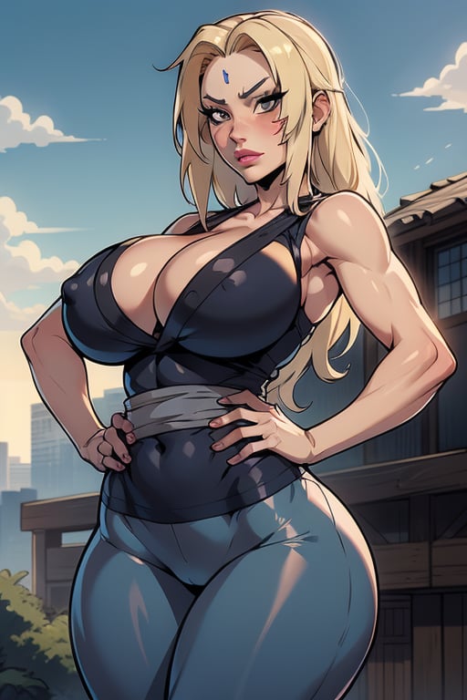 1girl, solo, ((Tsunade Senju)), long hair, breasts, looking at viewer, blonde hair, big breasts, cleavage, narrow waist, wide hips, slim fit body, brown eyes, standing, outdoors, sleeveless kimono-style grey minidress, sky, day, ((blue tight pants)), hand on hip, blue obi sash, facial mark, mature female, forehead mark, tsunade \(naruto\),tsunadedef, makeup, tsunade, blonde_hair, brown_eyes, Tsunade, forehead_diamond,2D,Black