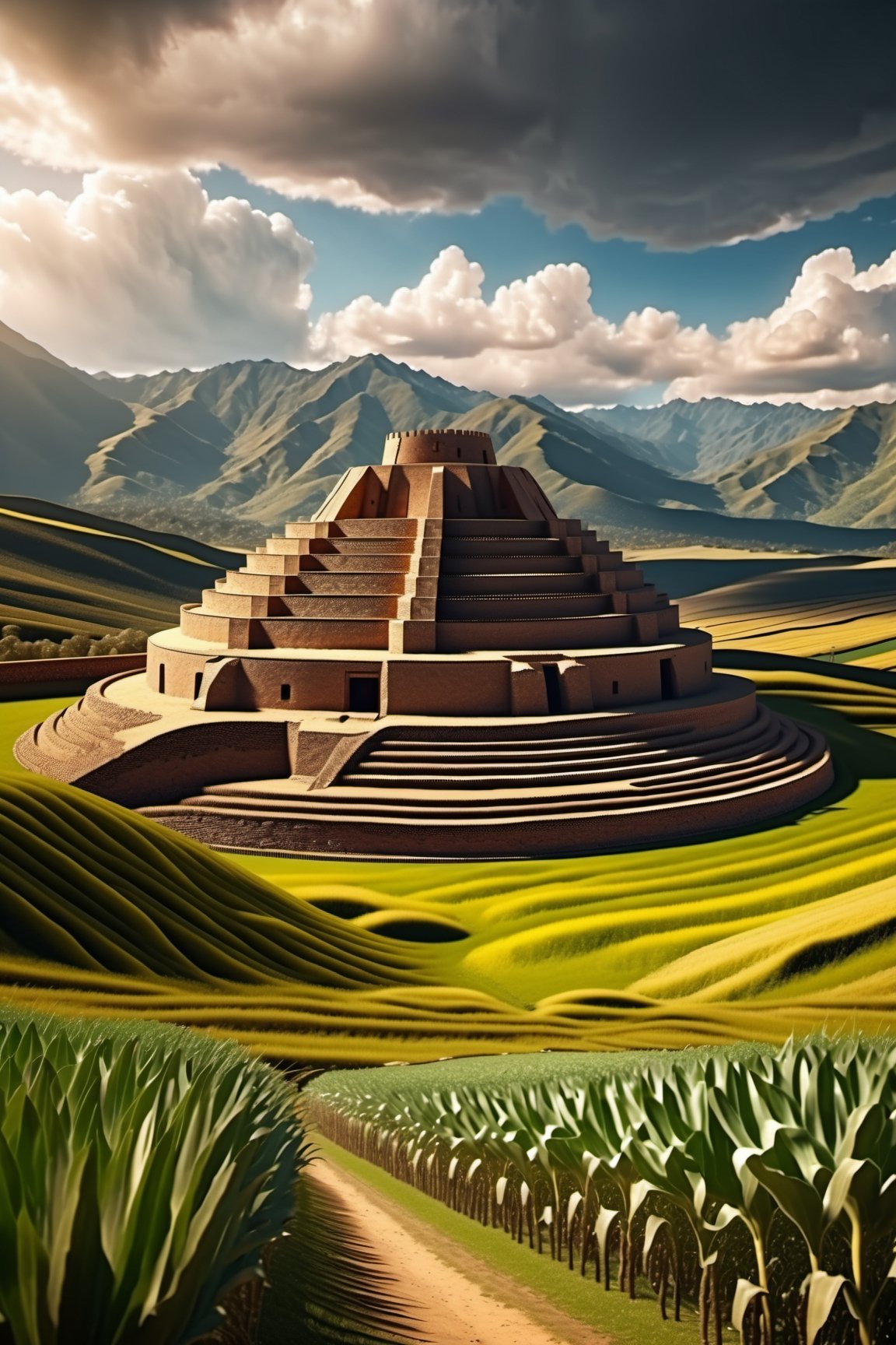 ((ancient peruvian round fort)), inca style, native south  america, corn farm field, beautiful day, sunlight, beautiful sky and cloud, beautiful lighting, aesthetic lightening, reflection, 8k