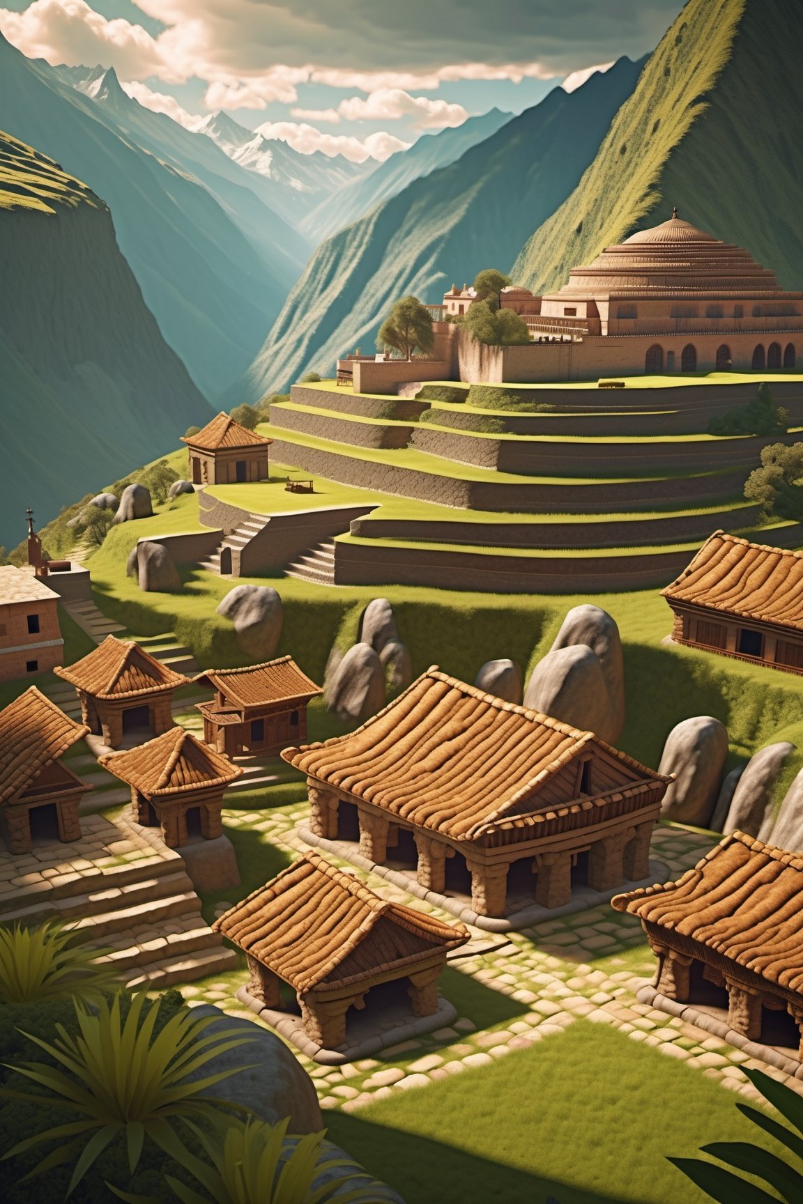 ((ancient peruvian stone city on a mountains)), inca architecture, native south america, steep thatched roofs, corn farm fields in terraces, beautiful day, sunlight, beautiful sky and cloud, beautiful lighting, aesthetic lightening, reflection, 8k,mcrbe,James Gilleard,l0dbg,Roman Ships,Delfino_Plaza,IMGFIX,HellAI,mayamaze