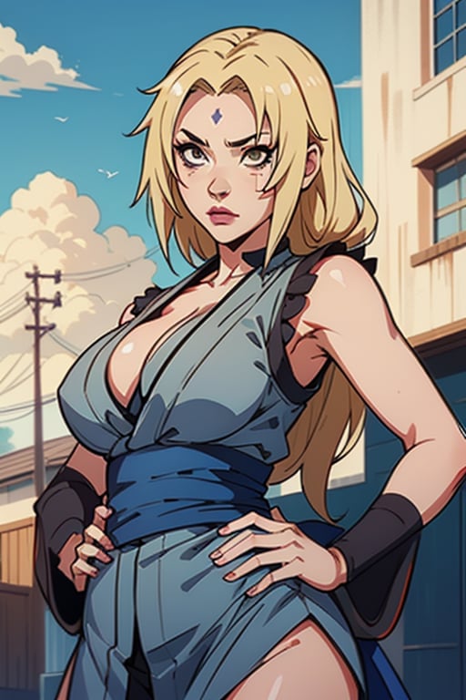 1girl, solo, ((Tsunade Senju)), long hair, breasts, looking at viewer, blonde hair, big breasts, cleavage, narrow waist, wide hips, slim fit body, brown eyes, standing, outdoors, sleeveless kimono-style grey minidress, sky, day, blue pants, hand on hip, blue obi sash, facial mark, mature female, forehead mark, tsunade \(naruto\),tsunadedef, makeup, tsunade, blonde_hair, brown_eyes, Tsunade, forehead_diamond