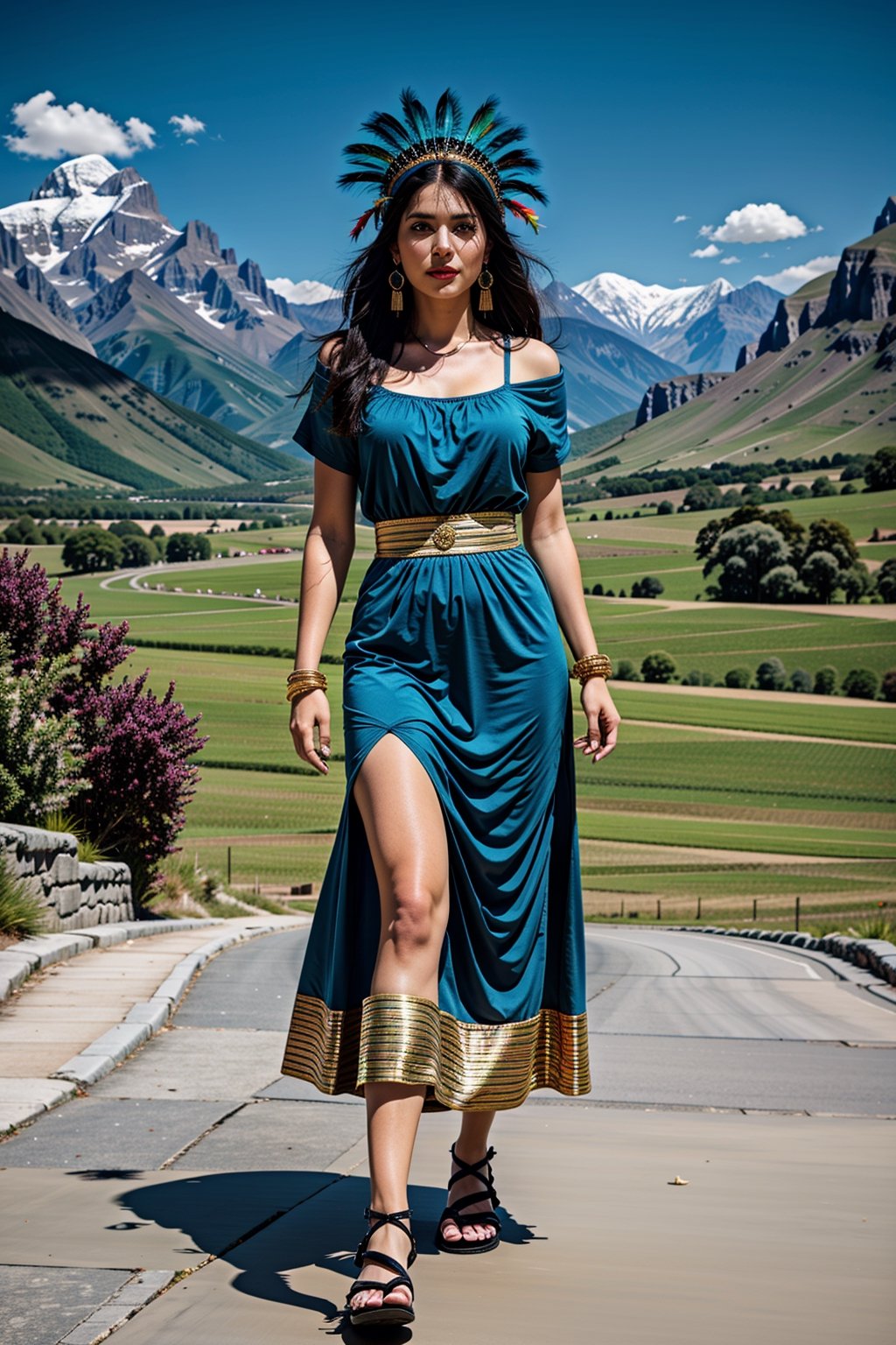 masterpiece, ultra high res, absurdres, fullbody dark-skinned inca princess, (multicolor feather headress),  dressed in (one-piece winter dress with a ethnic  pattern:1.2), dress without neckline and short sleeves. She has medium-length, long black hair. She also wears big round earrings and gold bangles, sandals, gold jewelry sun representation, looking at viewer,dynamic pose, dutch angle, andean mountains background,JoeMad,High detailed 