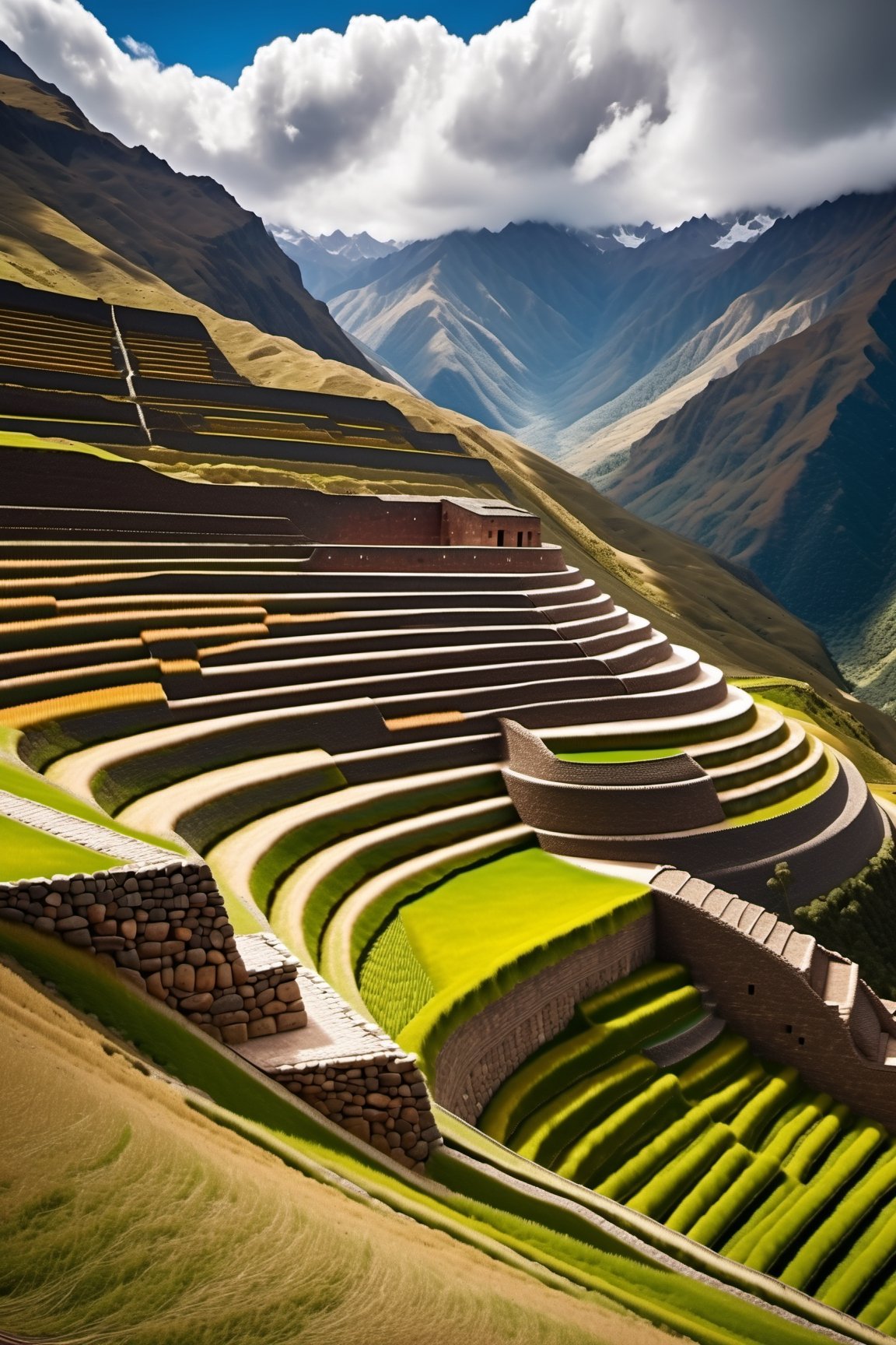 ((ancient peruvian stone fortress on a mountainside)), inca architecture, native south america, corn farm field, terraces, beautiful day, sunlight, beautiful sky and cloud, beautiful lighting, aesthetic lightening, reflection, 8k