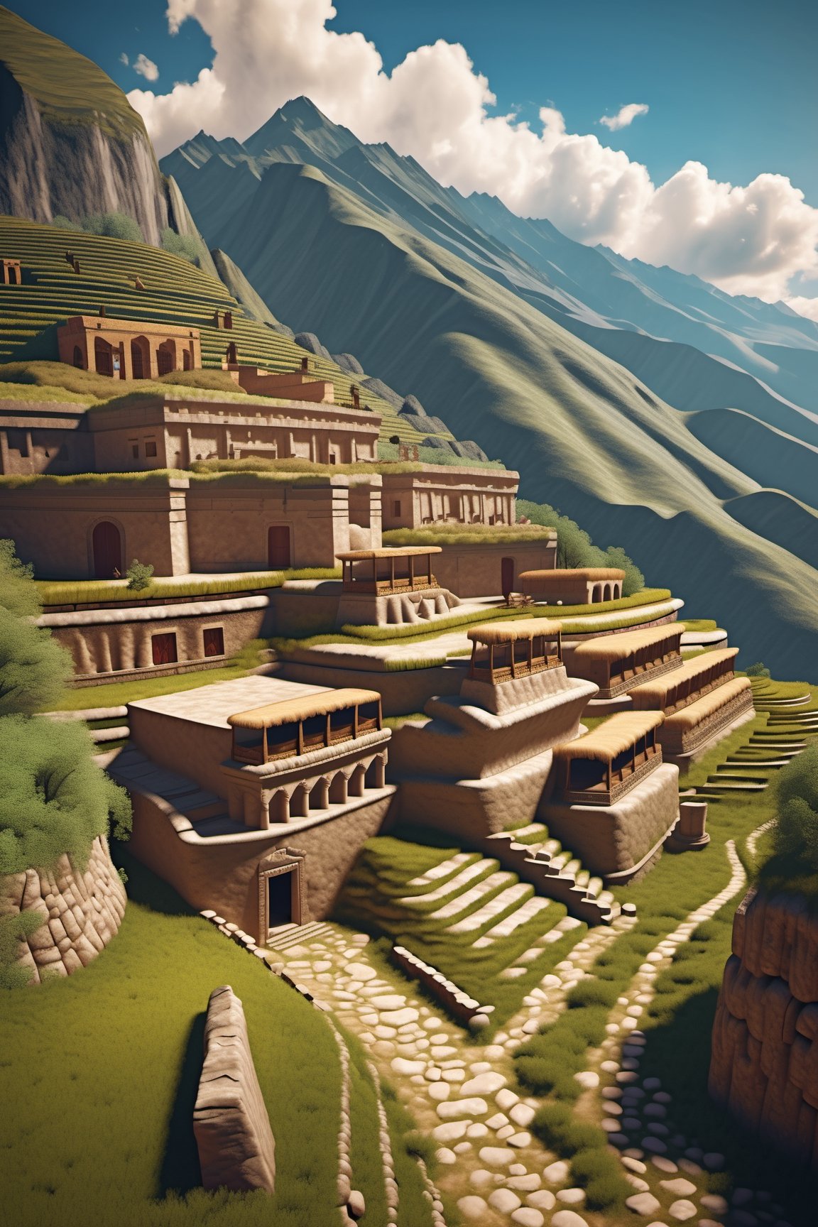 ((ancient peruvian stone city on a mountains)), inca architecture, native south america, steep thatched roofs, corn farm fields in terraces, beautiful day, sunlight, beautiful sky and cloud, beautiful lighting, aesthetic lightening, reflection, 8k,mcrbe,James Gilleard,l0dbg,Roman Ships,Delfino_Plaza,IMGFIX,HellAI