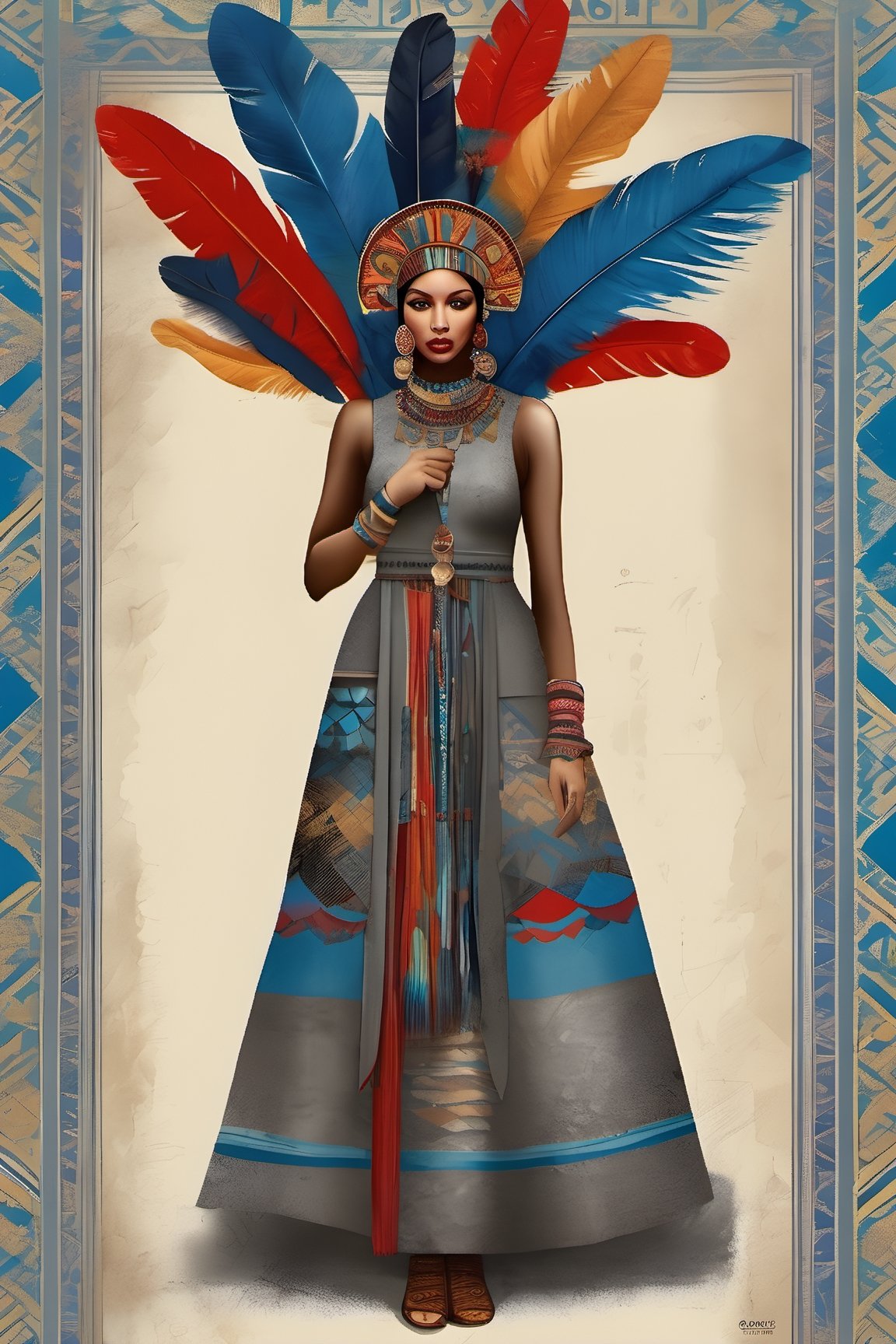 Neo Surrealism, overwhelmed by reason, by Gabriel Pacheco and Max Ernst, existential residues dark shines surrealism, blue, light gray and red color scheme, (dark-skinned girl),  (multicolor feather headress),  dressed in (one-piece winter long dress with a ethnic  pattern:1.5),  inca princess,  native peruvian,  dress without neckline and short sleeves. She has medium-length,  long black hair. She also wears big round earrings and gold bangles,  sandals,  gold jewelry sun representation, magical realism bizarre art, pop surrealism, like Alice in wonderland, whimsical art.,Flat vector art