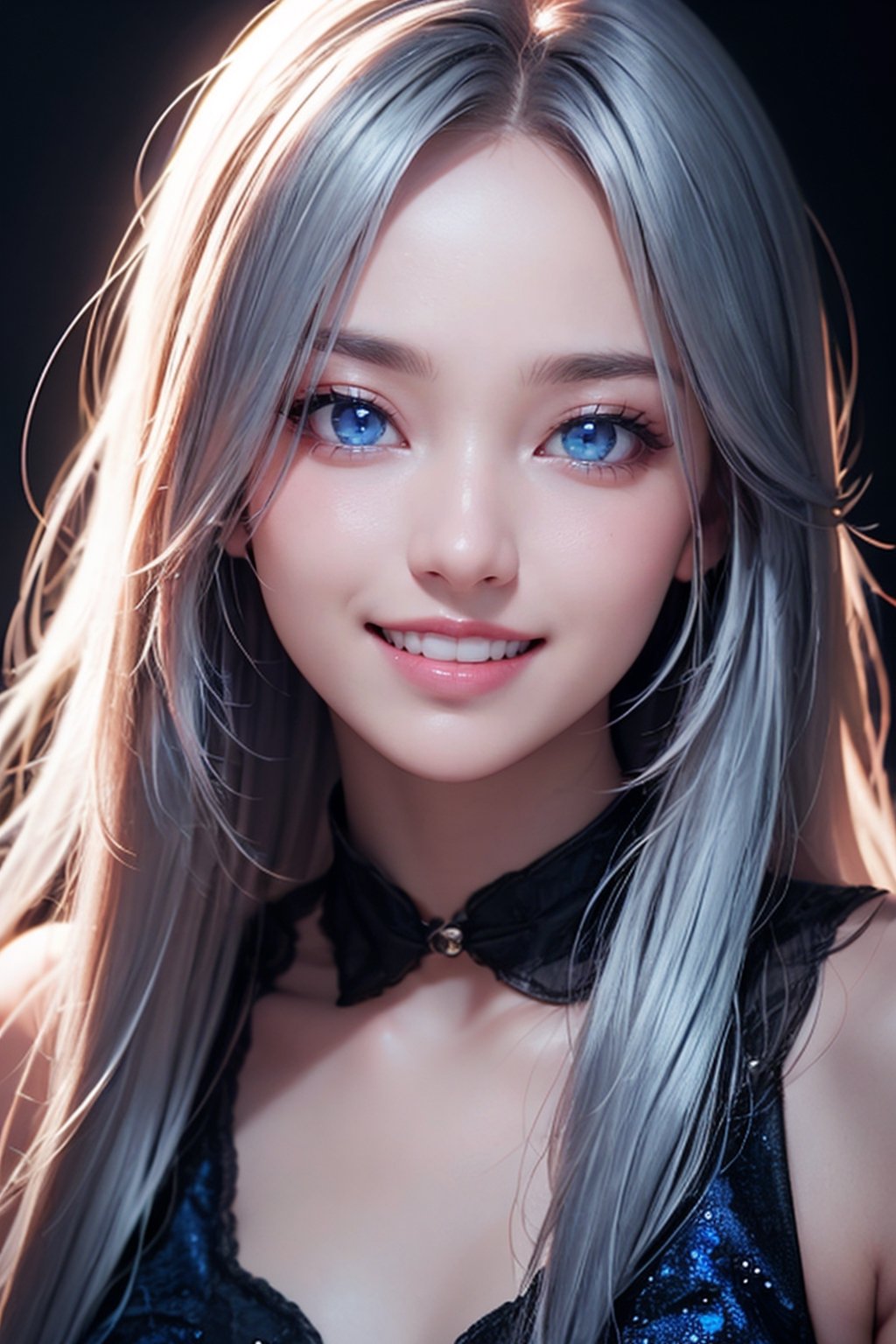 laugh, photorealistic, photo with black background, high resolution, 1 woman, shiny skin, alone, pink lips, long silver hair, ((blue eyes)), smile looking at the photographer, 4k, ph mai, HD