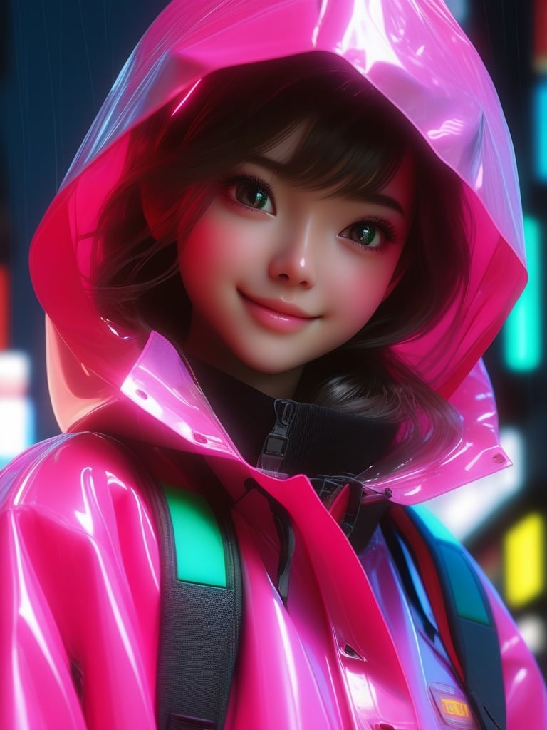 masterpiece, best quality, half body, portrait, night city, 1girl, anime, 3D, Japan, pixar, realistic, teen girl, smiling, cute face, harajuku fashion style, rain coat, beautiful, colourful, neon lights, cyberpunk, smooth skin, illustration, by stanley artgerm lau, sideways glance, foreshortening, extremely detailed 8K, smooth, high resolution, ultra quality, highly detail eyes, highly detail mouth, highly detailed face, perfect eyes, both eyes are the same, glare, Iridescent, Global illumination, hd, 8k realistic light and shadow, bright Eyes, fluorescent eyes