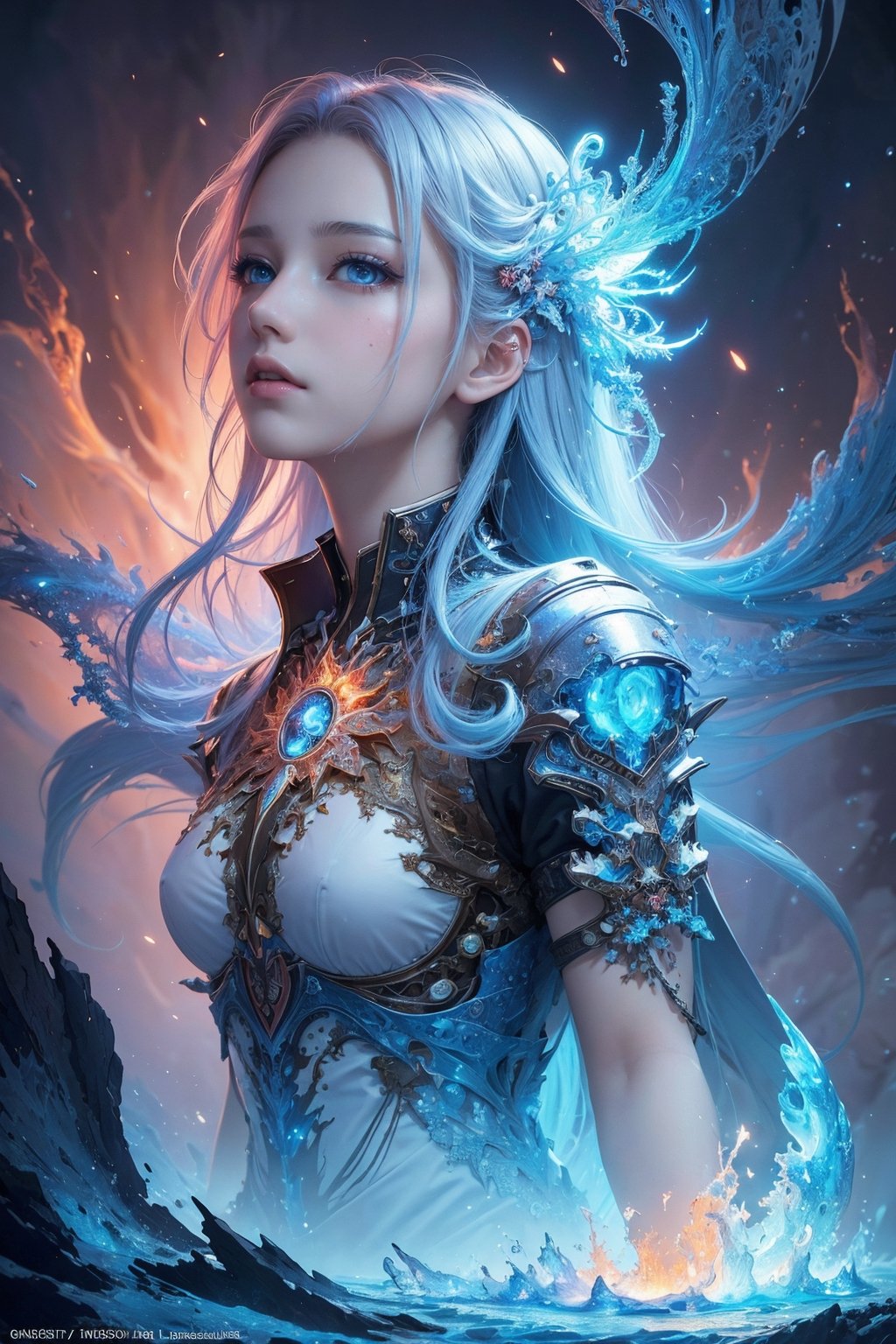 (masterpiece, top quality, best quality, official art, beautiful and aesthetic:1.2), (1girl), extreme detailed,(abstract, fractal art:1.3),colorful hair,highest detailed, detailed_eyes, fire, water, ice, lightning, light_particles, ghost,