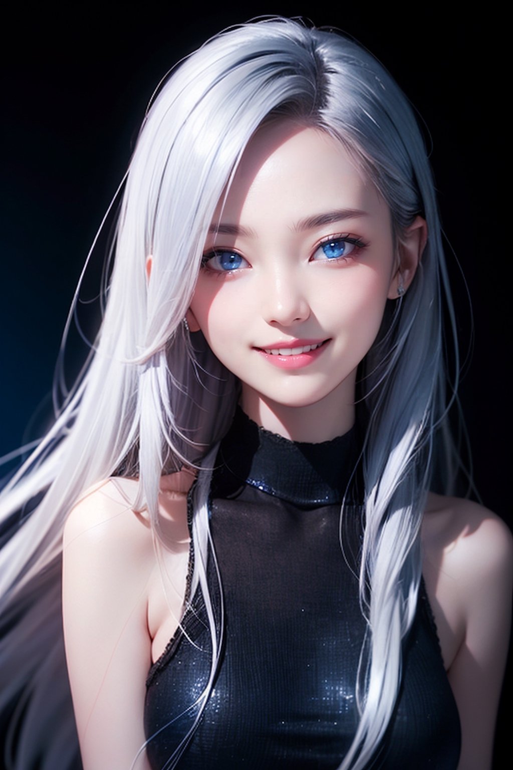 laugh, photorealistic, photo with black background, high resolution, 1 woman, shiny skin, alone, pink lips, long silver hair, ((blue eyes)), smile looking at the photographer, 4k, ph mai, HD