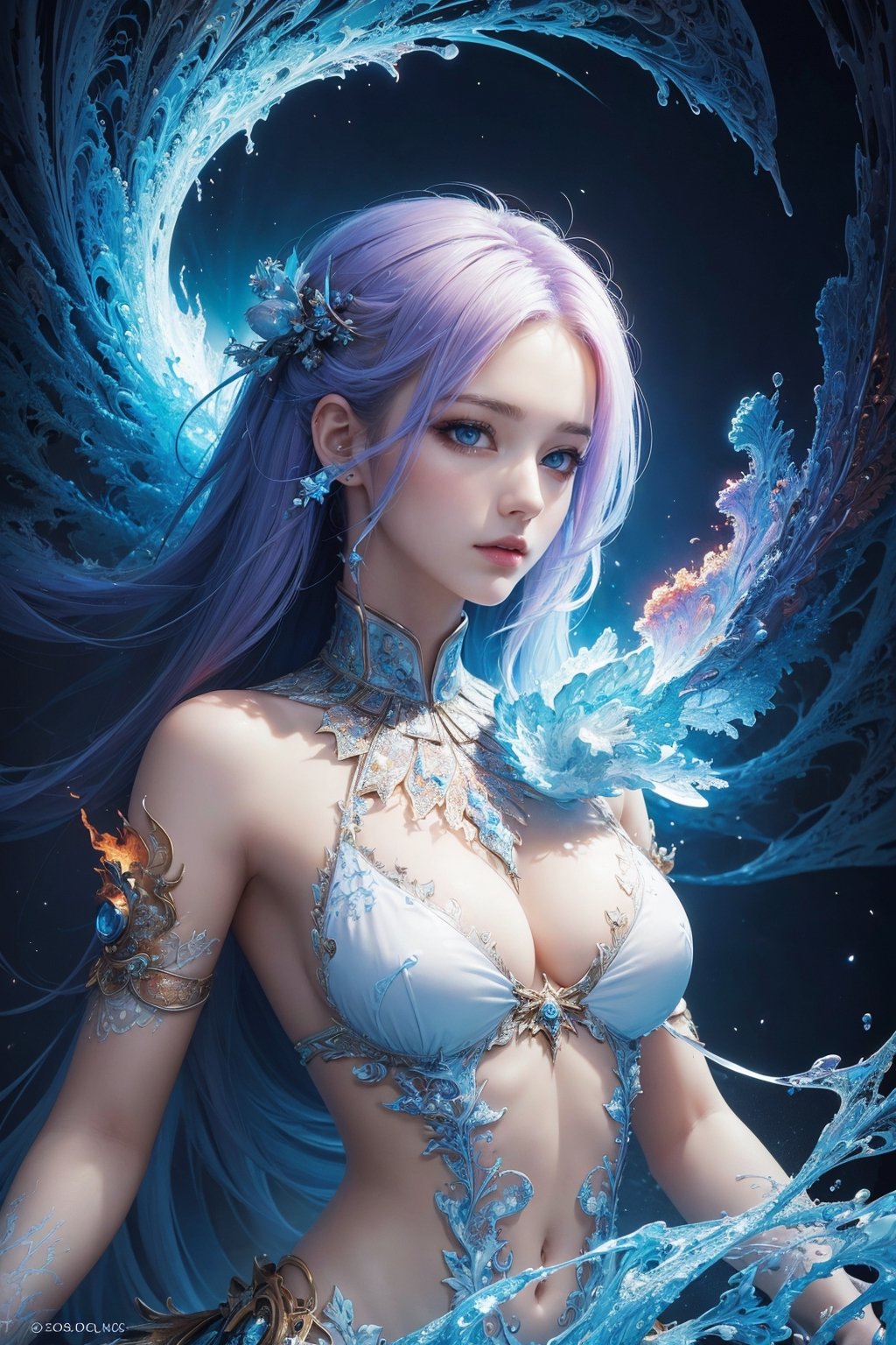 (masterpiece, top quality, best quality, official art, beautiful and aesthetic:1.2), (1girl), extreme detailed,(abstract, fractal art:1.3),colorful hair,highest detailed, detailed_eyes, fire, water, ice, lightning, light_particles, ghost,