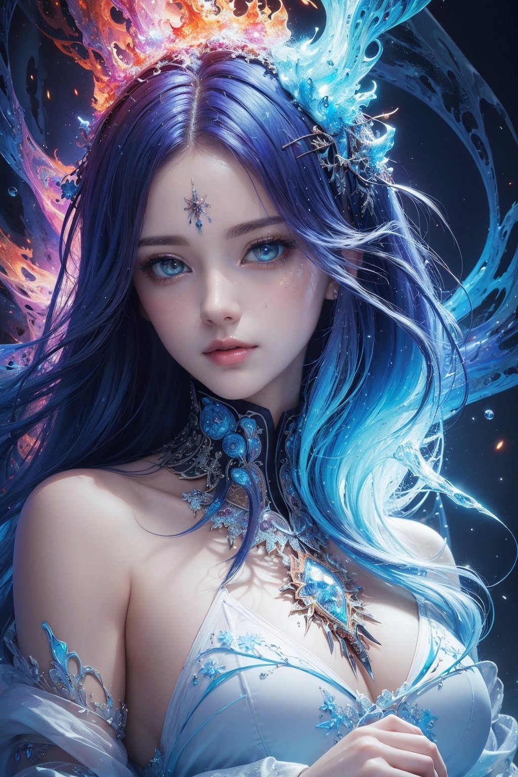 (masterpiece, top quality, best quality, official art, beautiful and aesthetic:1.2), (1girl), extreme detailed,(abstract, fractal art:1.3),colorful hair,highest detailed, detailed_eyes, fire, water, ice, lightning, light_particles, ghost,