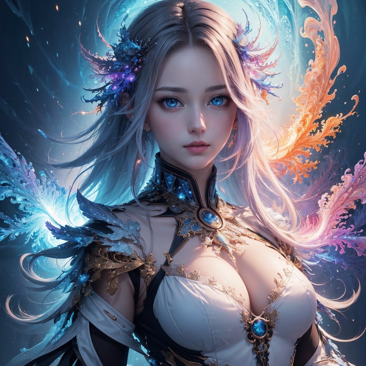 (masterpiece, top quality, best quality, official art, beautiful and aesthetic:1.2), (1girl), extreme detailed,(abstract, fractal art:1.3),colorful hair,highest detailed, detailed_eyes, fire, water, ice, lightning, light_particles, ghost,